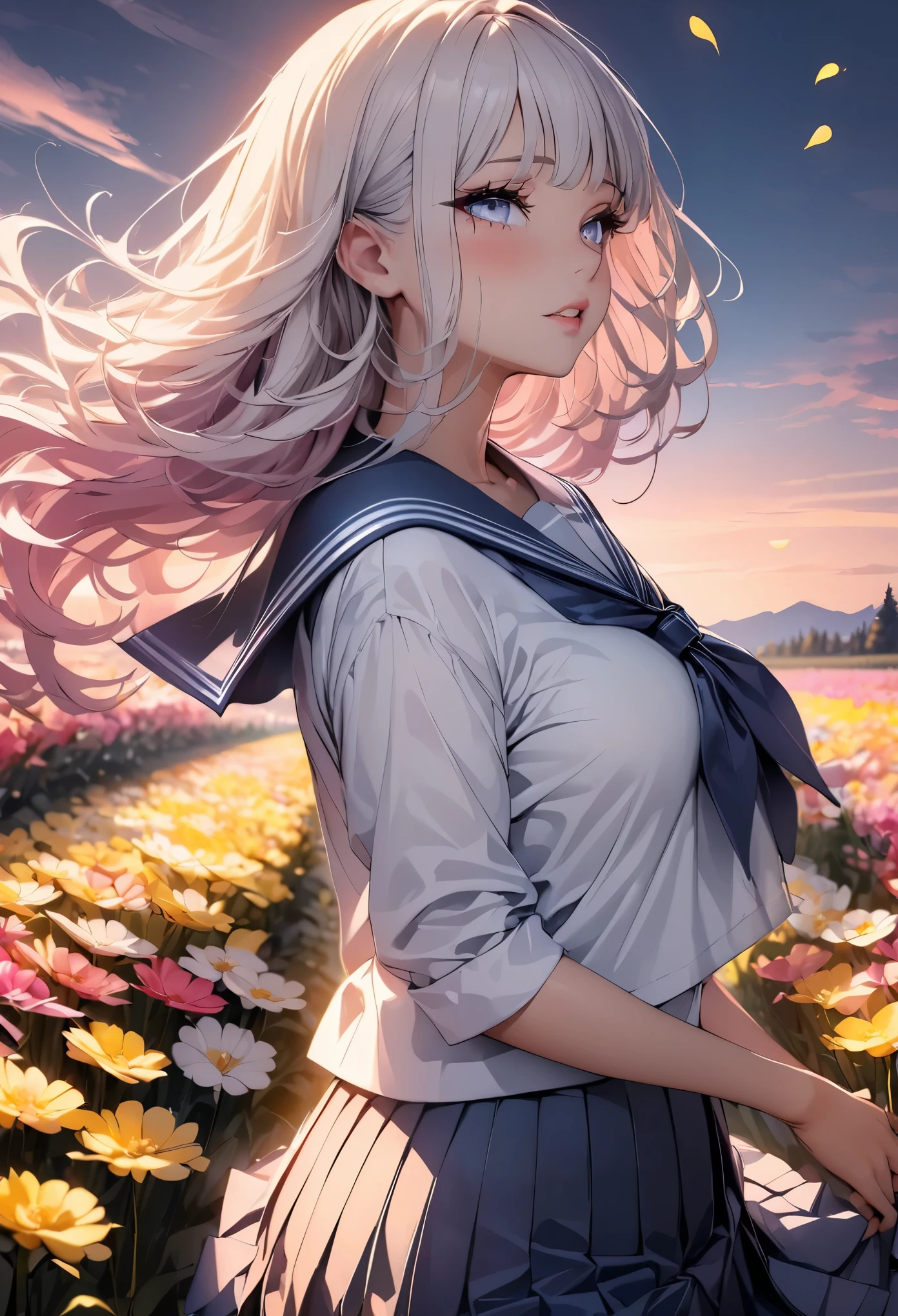 (highest quality, 4k, 8K high resolution, masterpiece:1.2), Super detailed, one person, woman, (JK, , sailor suit, pleated skirt),rape blossom field, one yellow wave, romantic, magic hour, fantastic flower garden, lighted up petals, Contrast between the sky and the flower field, 詩的でromantic, Emphasis on individuality and uniqueness,beautiful detailed eyes, beautiful detailed lips, long eyelashes, Bright colors, soft and warm color palette,