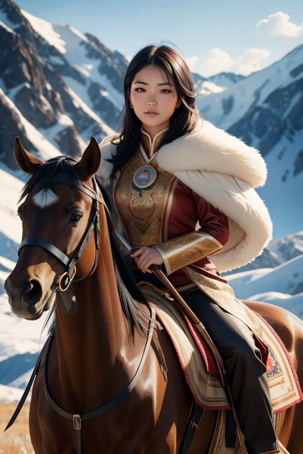 A cute hot Mongolian woman, in the Altai Mountains, on a horse, short black hair, brown skin stunningly beautiful girl, brown bright eyes detailed,  sweet smile, (Sexy eyes), dynamic Sexy pose, beautiful eyes, photo taken with a Canon 6D Mark II, chiaroscuro, glamour shot, award winning photography, detailed skin texture, sharp focus, dramatic lighting, post - edited film grain, painting, drawing, illustration, render, 3d render