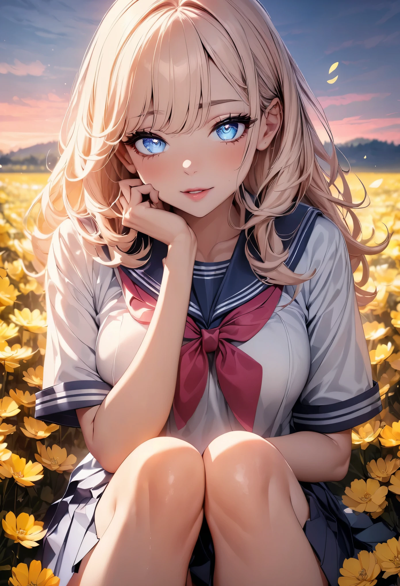 (highest quality, 4k, 8K high resolution, masterpiece:1.2), Super detailed, one person, woman, (JK, , sailor suit, pleated skirt),rape blossom field, one yellow wave, romantic, magic hour, fantastic flower garden, lighted up petals, Contrast between the sky and the flower field, 詩的でromantic, Emphasis on individuality and uniqueness,beautiful detailed eyes, beautiful detailed lips, long eyelashes, Bright colors, soft and warm color palette,