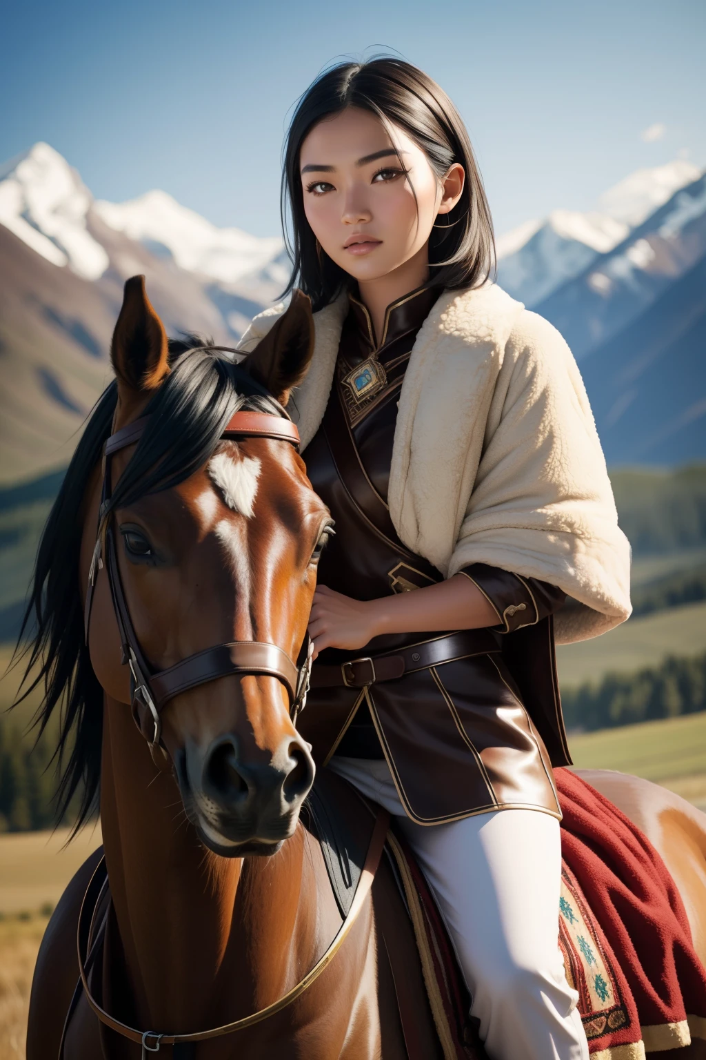 A cute hot Mongolian woman, in the Altai Mountains, on a horse, short black hair, brown skin stunningly beautiful girl, brown bright eyes detailed,  sweet smile, (Sexy eyes), dynamic Sexy pose, beautiful eyes, photo taken with a Canon 6D Mark II, chiaroscuro, glamour shot, award winning photography, detailed skin texture, sharp focus, dramatic lighting, post - edited film grain, painting, drawing, illustration, render, 3d render