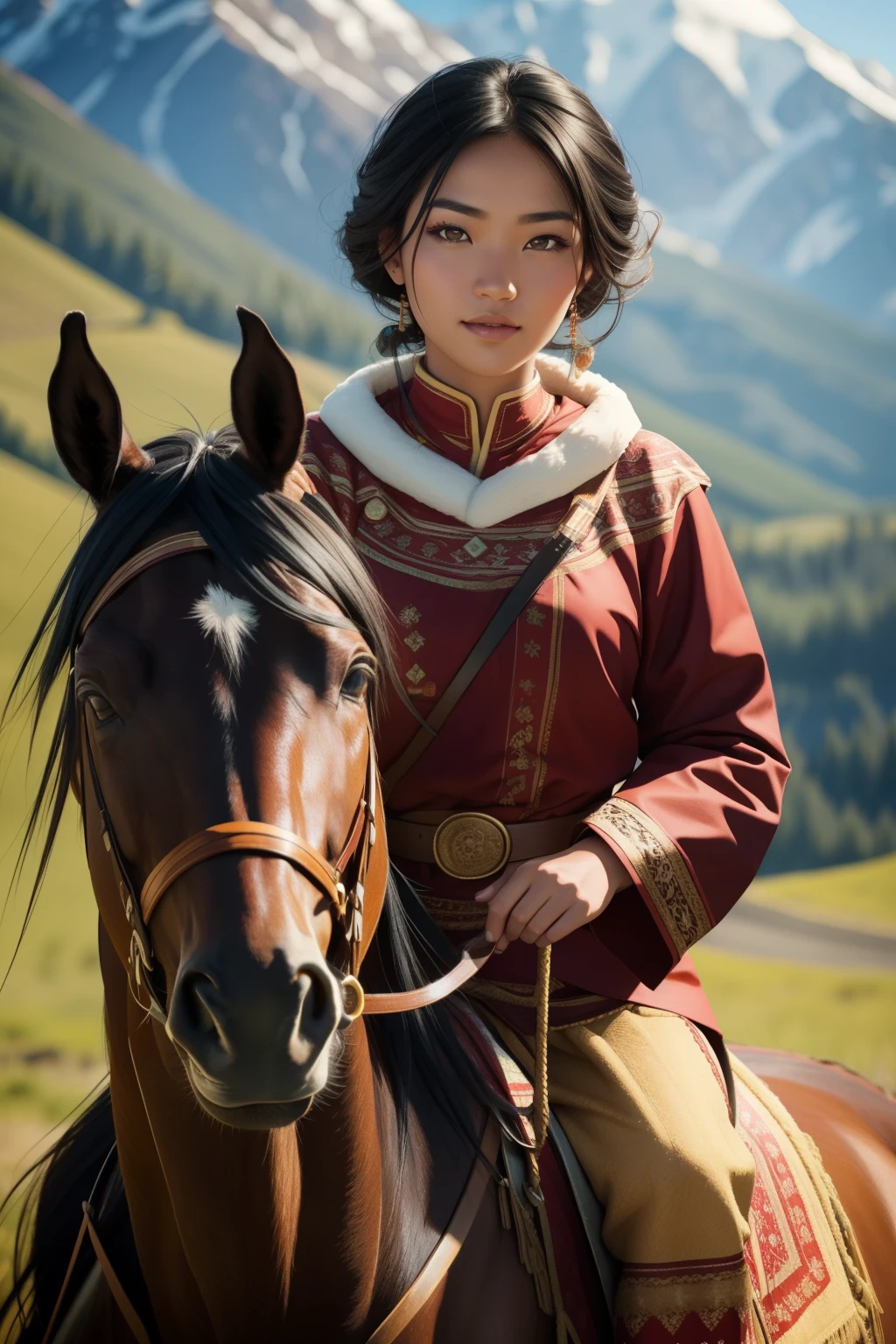 A cute hot Mongolian woman, in the Altai Mountains, on a horse, short black hair, brown skin stunningly beautiful girl, brown bright eyes detailed,  sweet smile, (Sexy eyes), dynamic Sexy pose, beautiful eyes, photo taken with a Canon 6D Mark II, chiaroscuro, glamour shot, award winning photography, detailed skin texture, sharp focus, dramatic lighting, post - edited film grain, painting, drawing, illustration, render, 3d render