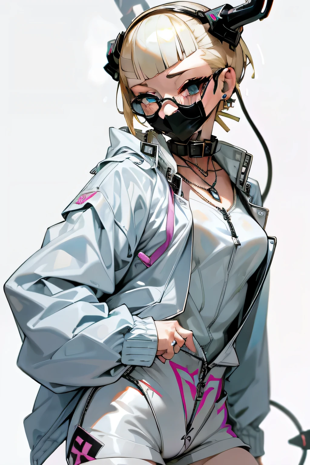 Female Gamer, ((Wet thin white shirt, open zip fashion windbreaker, hot pants, Glasses, earrings, necklace, brother, face mask, earphone, cute collar, bitch tattoo About the body 1:3)), (The irresistible aura of the idol, blur effect, Bubble effect, Black glowing eyes, Arcade-style make-up, , face turns red, angry face, blonde color hair), (masterpiece, Extreme Body Detail, High resolution, original character, Best anime 16k wallpaper quality), Club Bar Background, No underwear,  About the body