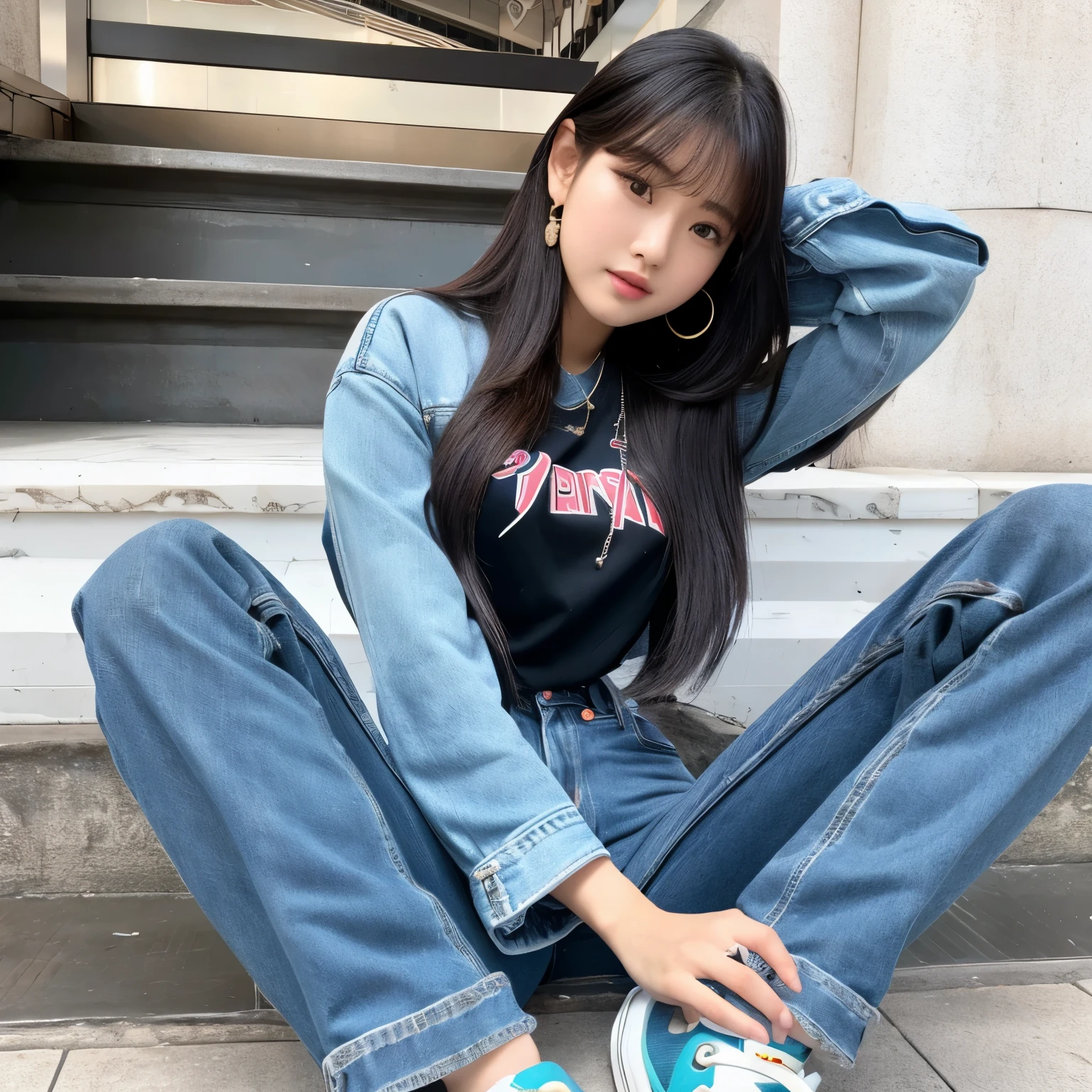 seorang wanita cantik berasal dari Korea berambut panjang,duduk di taman bersama Suga sambil pelukan, mereka duduk berdua ,mengenakan kaos ungu dan celana jeans panjang,