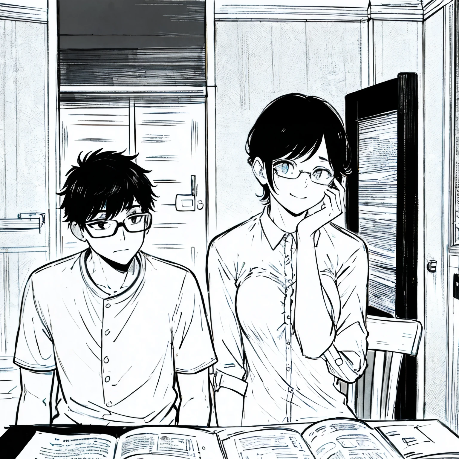 A dark-skinned boy with glasses and short black hair kissing a white girl with glasses and black hair