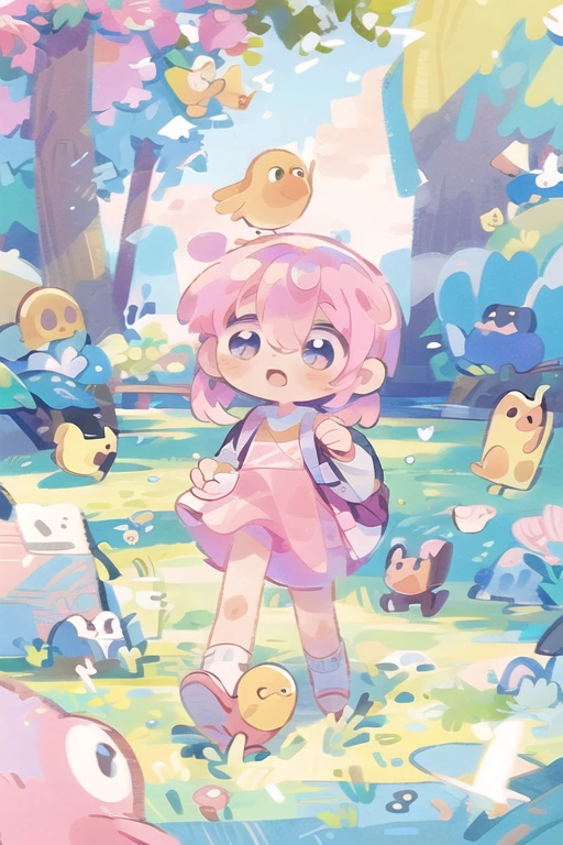 #quality(masterpiece, best quality,8k),(colorful),solo, #1 girl( cute, kawaii,small kid, pink blite hair, small kid,blown eyes,big eues, eyes are shining,runnning),#background(in the park,some birds,birds are twitting,sunshine)