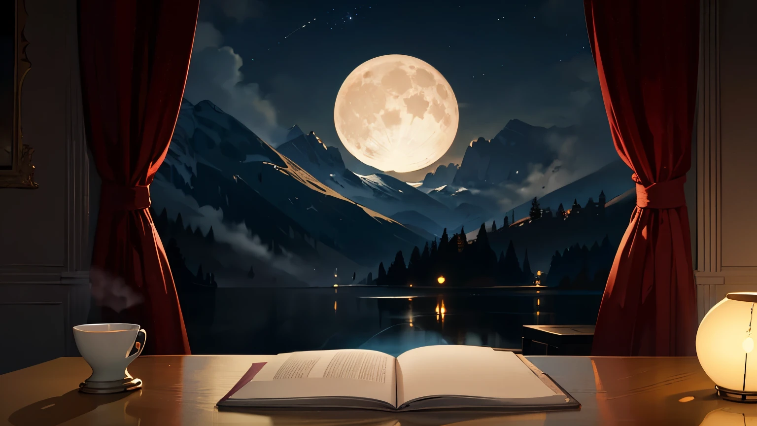Beautiful room scene, lit by soft candles' glow, Window reveals night sky's full, luminous moon, Comforting blanket draped over chair, Serene atmosphere with open book and steaming cup of tea nearby, Masterpiece rendering, Ultra-detailed, Realistic, 8K resolution, HDR enabled, Warm color palette, Clean lines, Atmospheric, Crisp focus, Depth of field, Candlelight reflecting on various surfaces, Sharp shadows, Intimate, Serene.