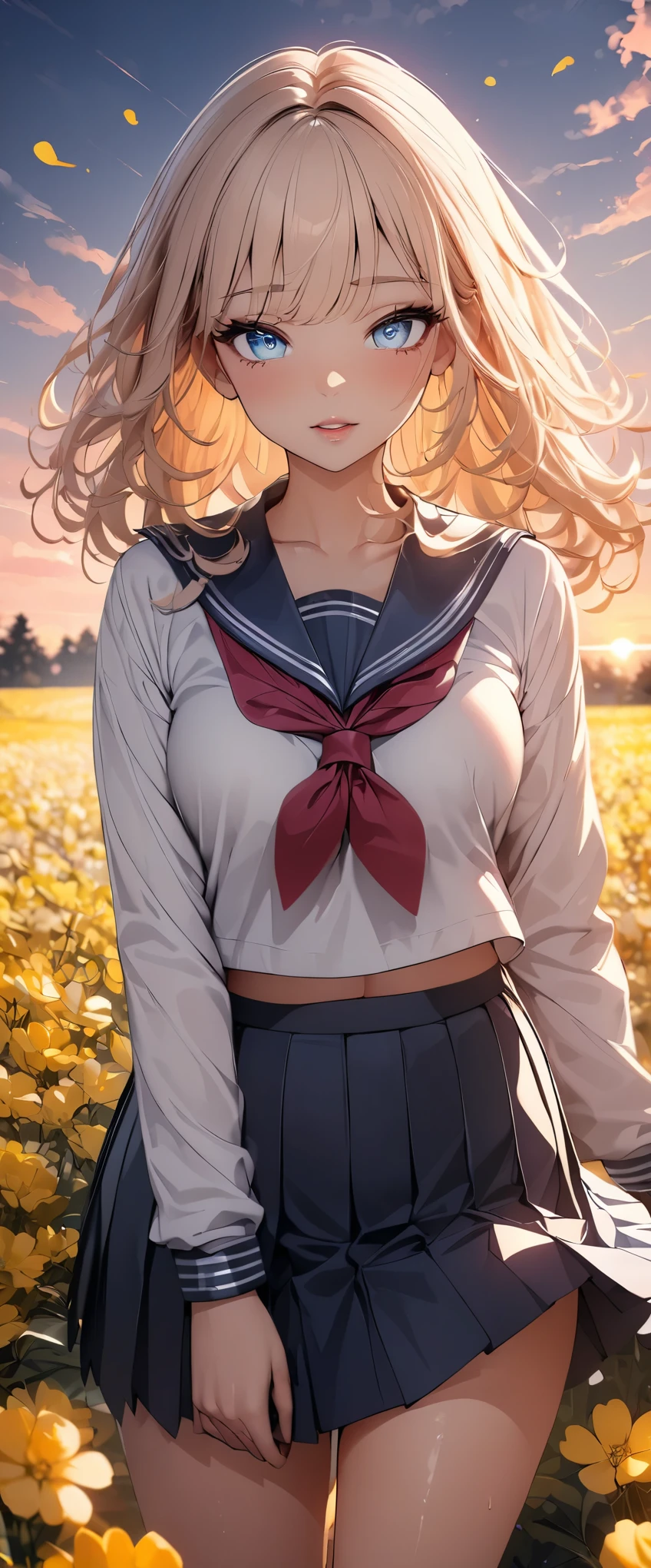 (highest quality, 4k, 8K high resolution, masterpiece:1.2), Super detailed, one person, woman, (JK, , sailor suit, pleated skirt),rape blossom field, one yellow wave, romantic, magic hour, fantastic flower garden, lighted up petals, Contrast between the sky and the flower field, 詩的でromantic, Emphasis on individuality and uniqueness,beautiful detailed eyes, beautiful detailed lips, long eyelashes, Bright colors, soft and warm color palette,