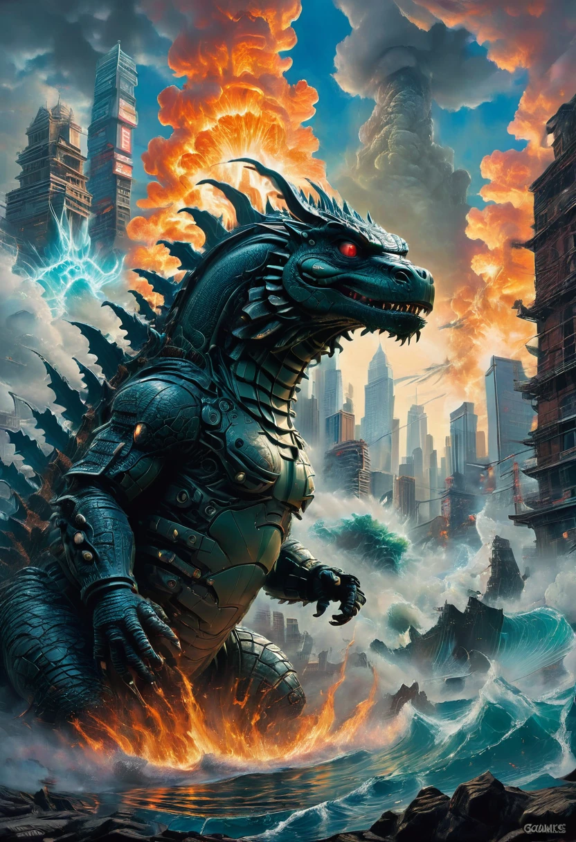 Godzilla, by Jeff Easley, best quality, masterpiece, very aesthetic, perfect composition, intricate details, ultra-detailed