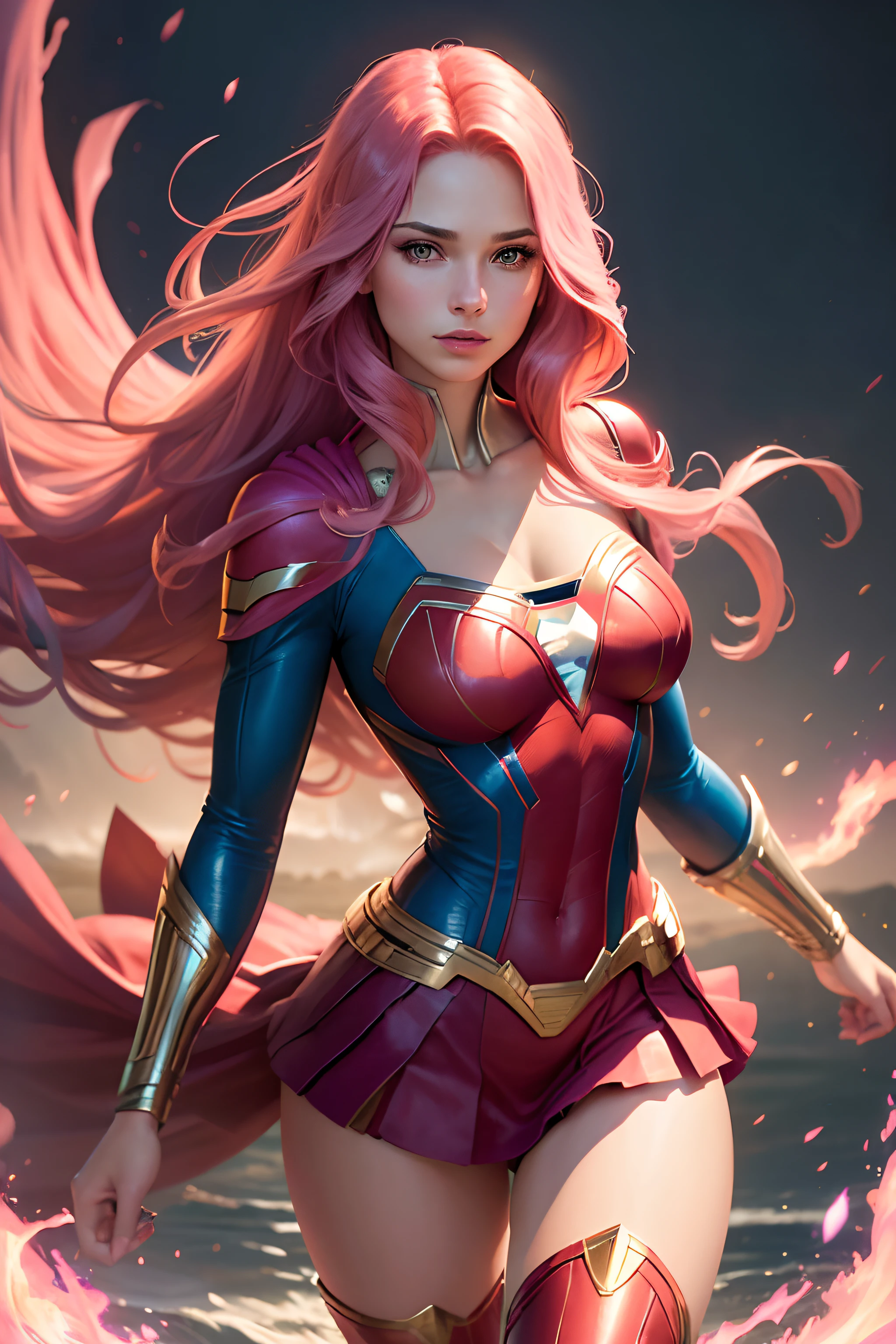 (best quality,ultra-detailed:1.2),beautiful sexy young woman,full kissable lips,long flowing pink hair,(realistic:1.37),(Marvel Comics:1.1),(DC Comics:1.1),(Phoenix Supergirl fusion),bouncing breasts,vivid colors,portrait,superhero,vibrant lighting,comic book style