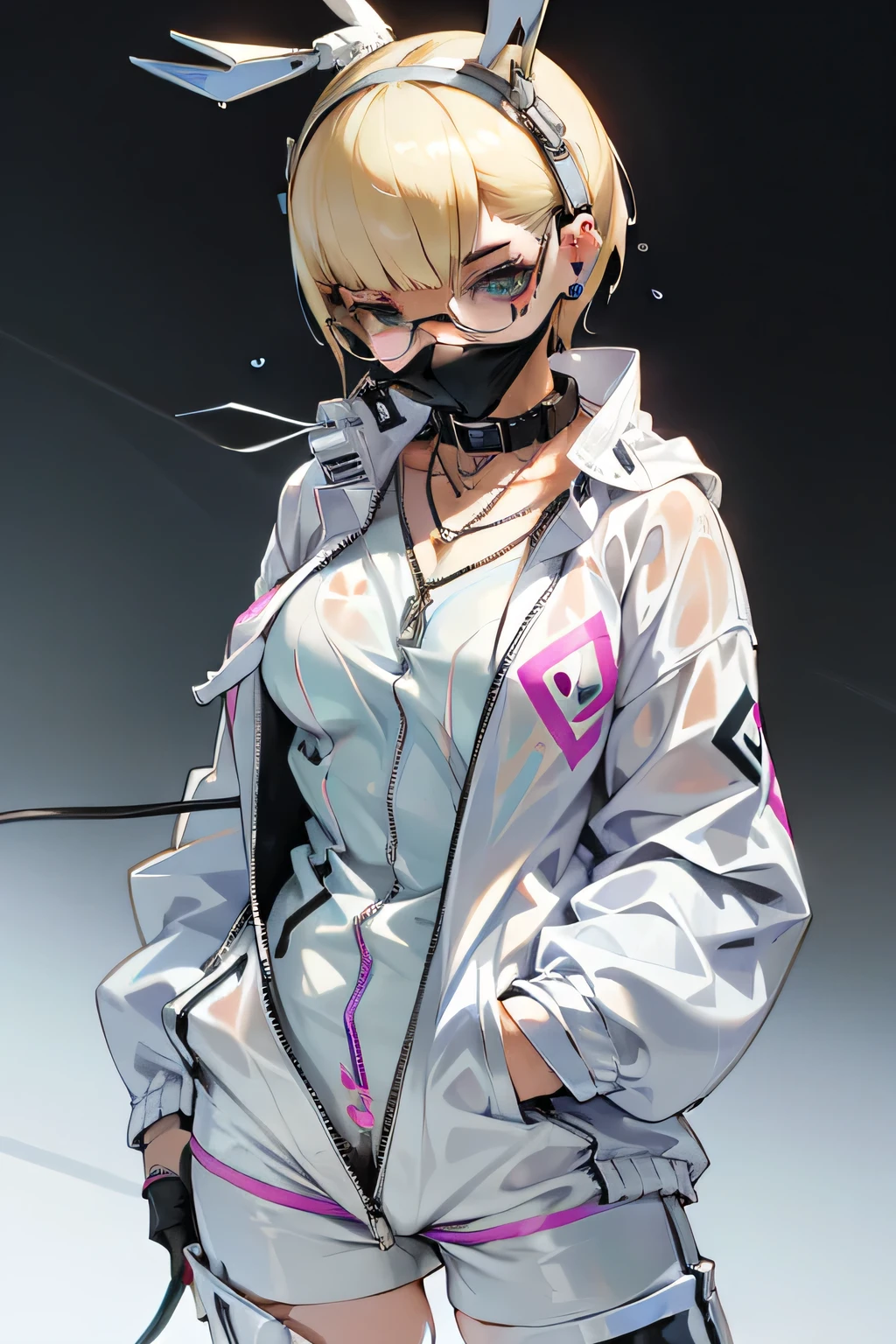 Female Gamer, ((Wet thin white shirt, open zip fashion windbreaker, hot pants, Glasses, earrings, necklace, brother, face mask, earphone, cute collar, bitch tattoo About the body 1:3)), (The irresistible aura of the idol, blur effect, Bubble effect, Black glowing eyes, Arcade-style make-up, , face turns red, angry face, blonde color hair), (masterpiece, Extreme Body Detail, High resolution, original character, Best anime 16k wallpaper quality), Club Bar Background, No underwear,  About the body