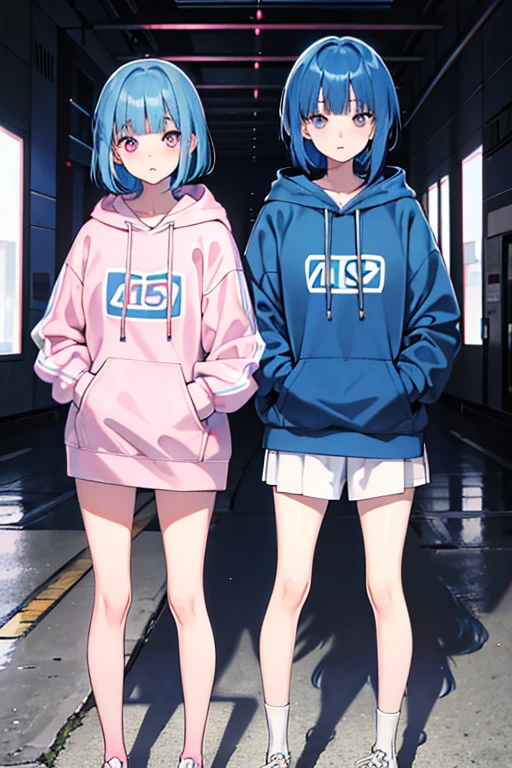 blunt bangs, blue hair, pink eyes, hoodie, standing, Apology/Apologetic Look, Fair skin, looking at viewer, 1990s (style), --niji 5 --ar 2:3 --s 100