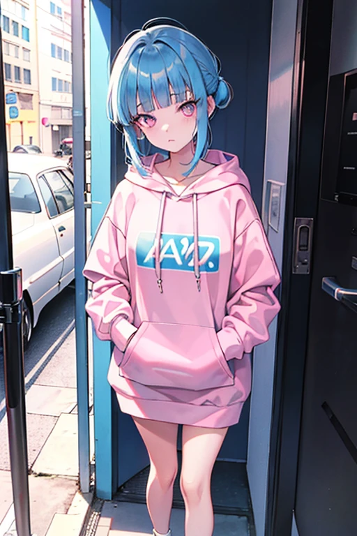 blunt bangs, blue hair, pink eyes, hoodie, standing, Apology/Apologetic Look, Fair skin, looking at viewer, 1990s (style), --niji 5 --ar 2:3 --s 100