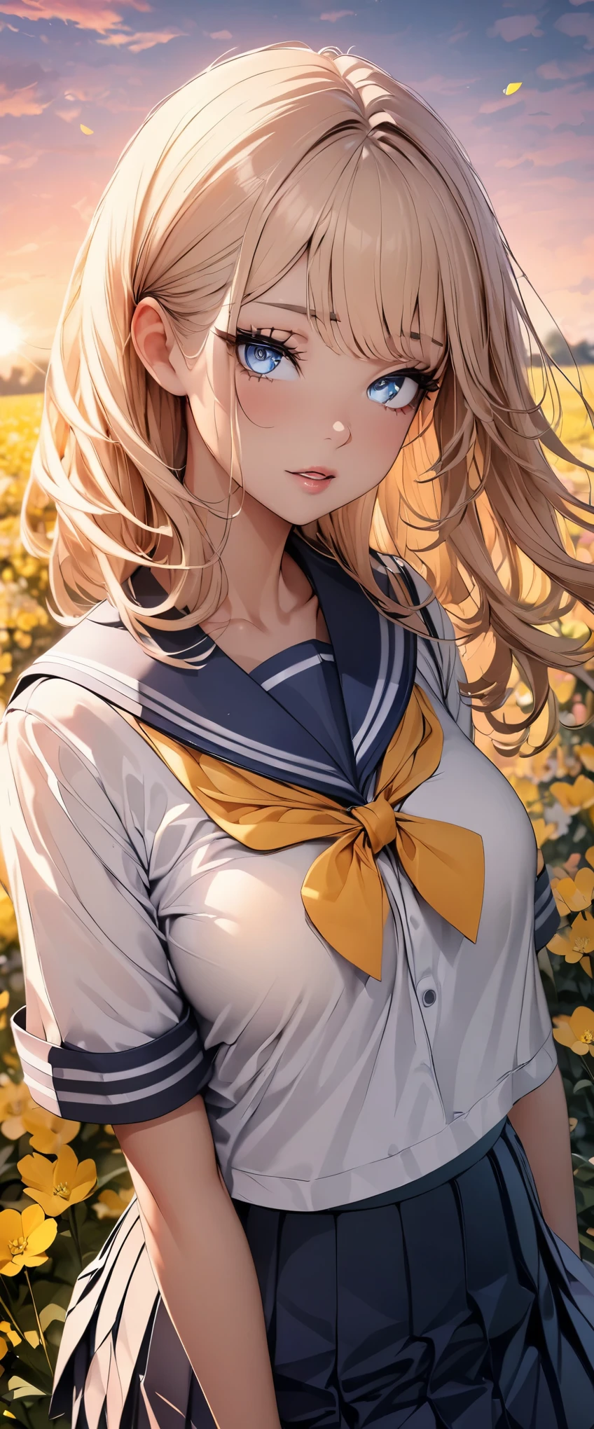 (highest quality, 4k, 8K high resolution, masterpiece:1.2), Super detailed, one person, woman, (JK, , sailor suit, pleated skirt),rape blossom field, one yellow wave, romantic, magic hour, fantastic flower garden, lighted up petals, Contrast between the sky and the flower field, 詩的でromantic, Emphasis on individuality and uniqueness,beautiful detailed eyes, beautiful detailed lips, long eyelashes, Bright colors, soft and warm color palette,