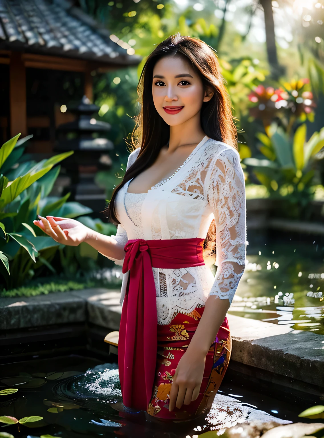 Mid body portrait of a cute woman (gldot) bathing in a swiming pool at the forest, balinese kebaya, (medium breast:1.3), girly, cleavage, plumpy body, reeds, looking at viewers, smile, (backlighting), realistic, masterpiece, highest quality, lens flare, shade, bloom, [[chromatic aberration]], by Jeremy Lipking, by Antonio J. Manzanedo, digital painting, HDR, high contrast