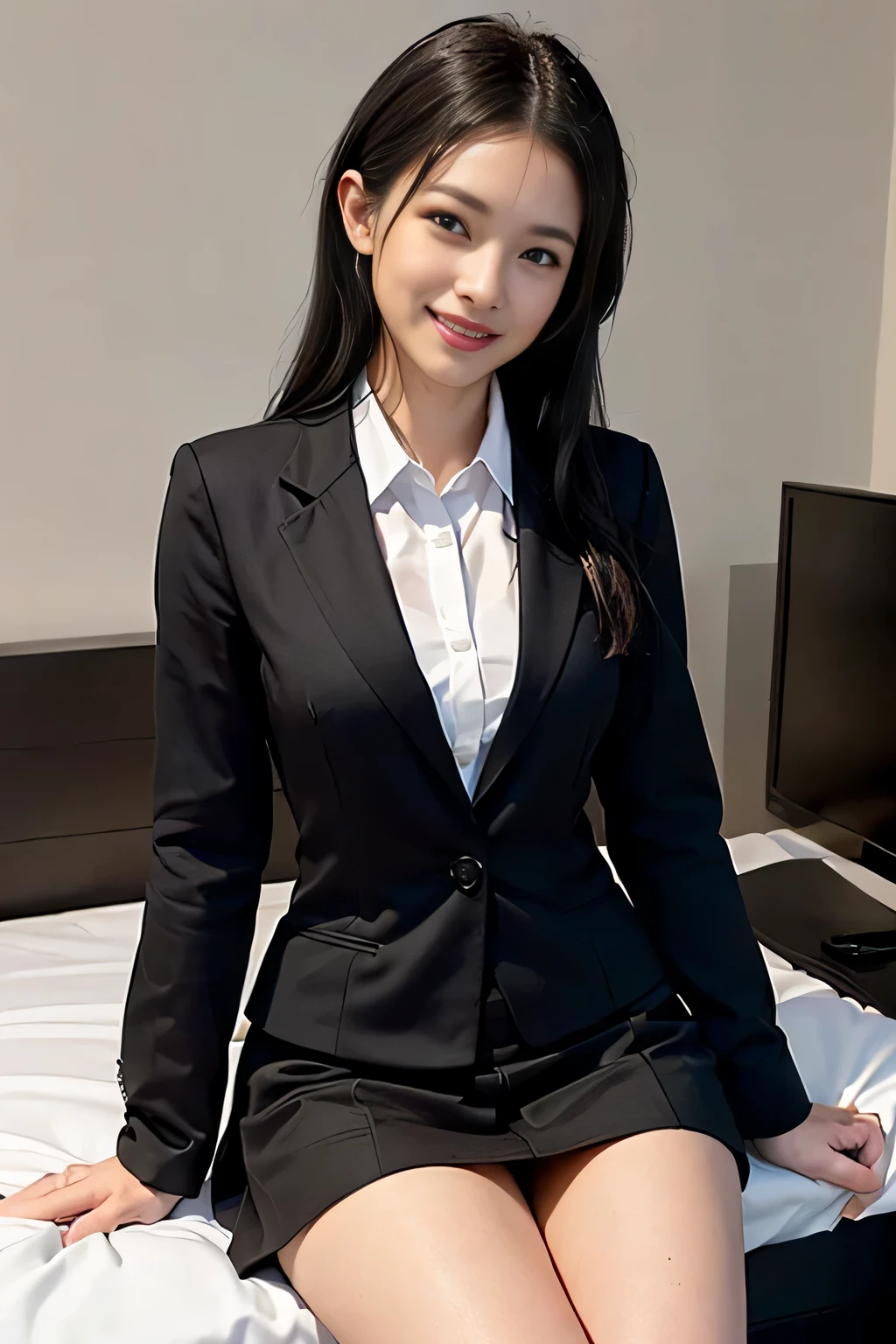 ((masterpiece:1.4))、((muste piece:1.4))、((long black hair woman:1.4))、((Sitting on the bed wearing a black office skirt:1.4))、 ((Photographed from the front:1.4))、((cowboy shot:1.4))、((Wearing a white long-sleeved collared dress shirt:1.4))、((woman wearing a black suit:1.4))、((small breast:1.4))、((Black miniskirt that highlights your thighs:1.4))、((wearing a black office blazer:1.4))、((wearing a neat office blazer:1.4)),  ((smiling woman:1.4))、