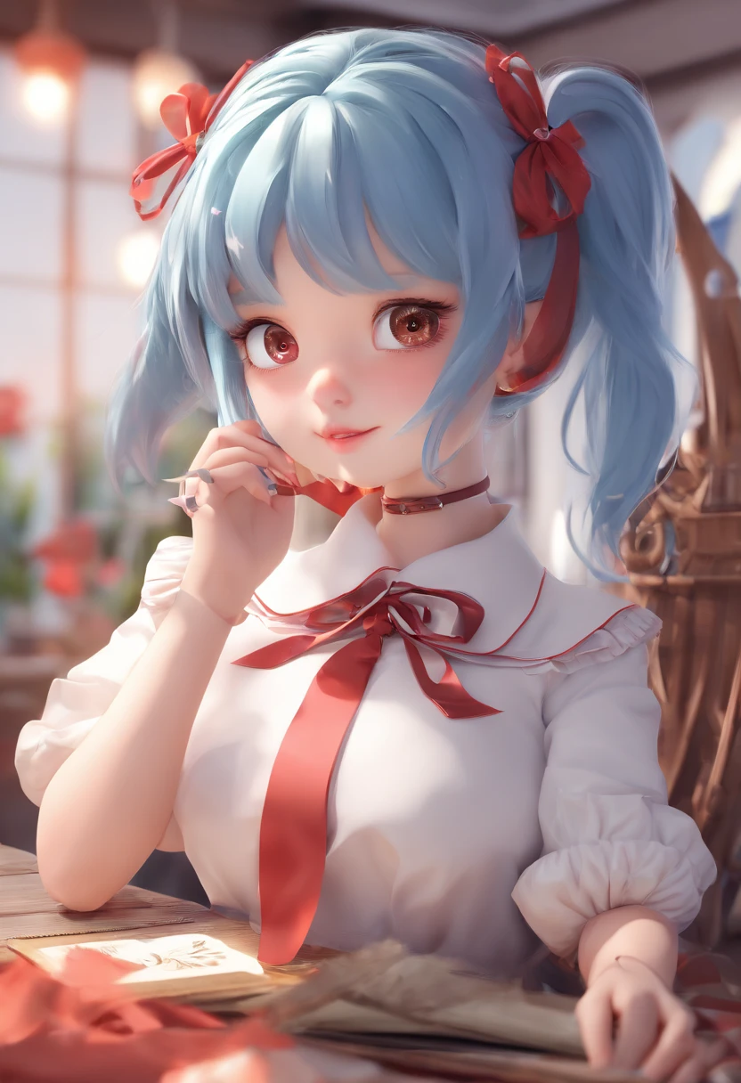 (1 girl comes in), table top, best quality, Excellent illustrations, Very beautiful girl, The face is very beautiful and detailed., look at viewer, 1 girl comes in, Belt bag, Big plan, look at viewer, 4k, high resolution, ribbon bow, Phyllis Mistret, Blush, throw, I&#39;m Twintail., white background, simple background, Thick outline, red eyes, (sleep), blue hair, chibi, expression of love,  ((brown hair)), (blood),