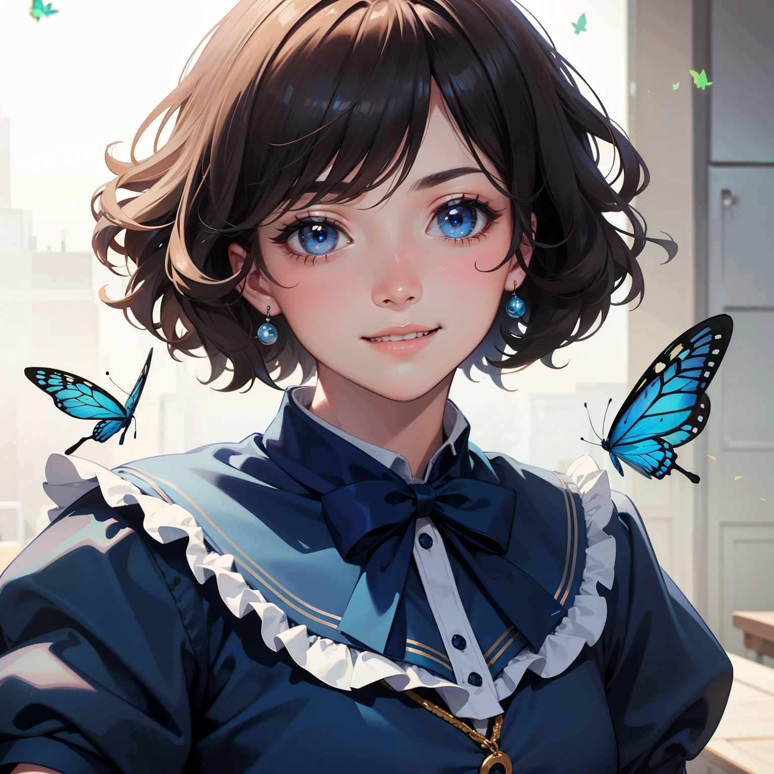   with poodle dog, blue dress with butterfly pattern, blue bandana, blue eyes, chubby cheeks, smiling to a camera, realistic, 4k realistic, soft lighting, detailed, Full hd realistic 