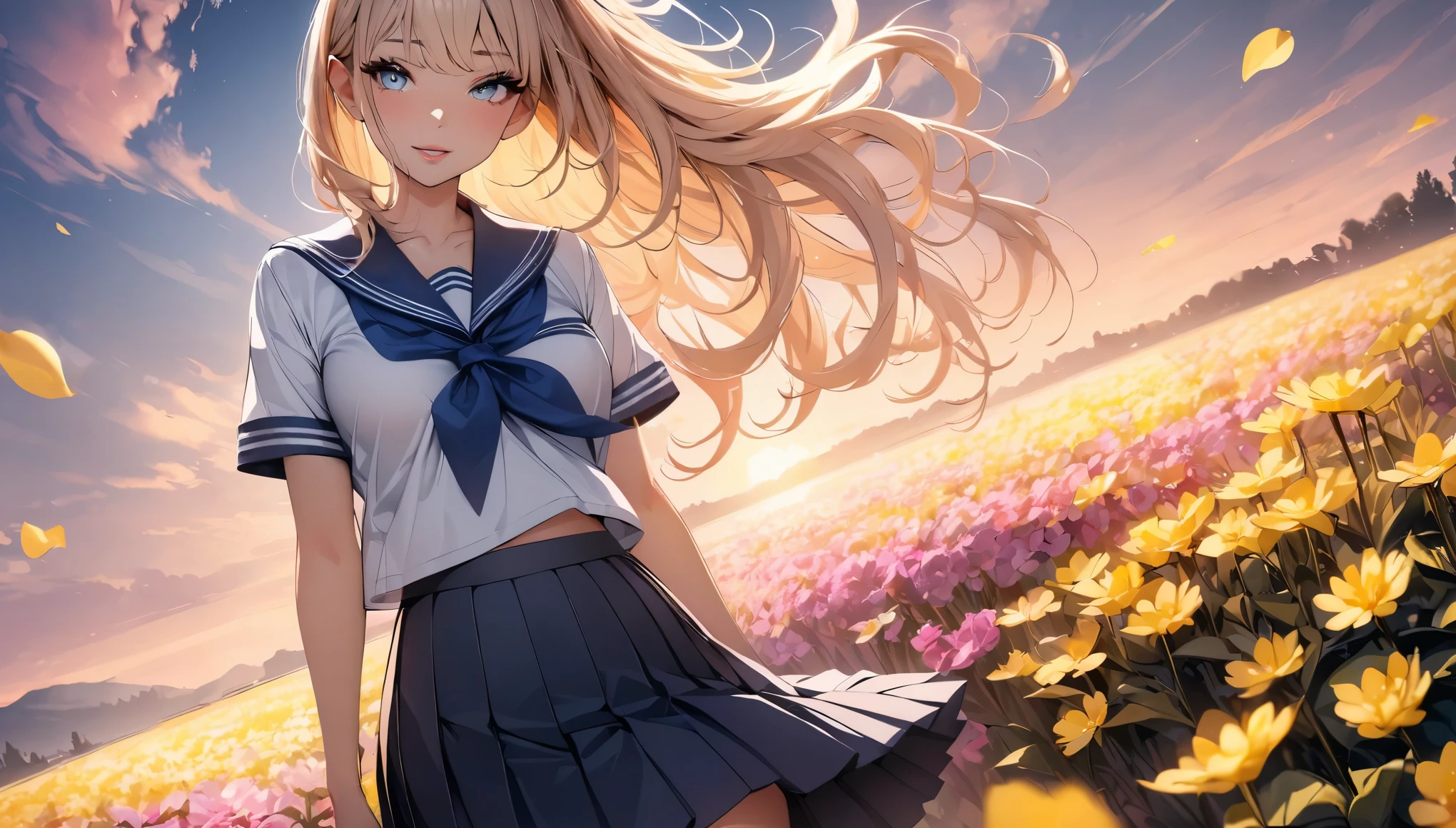 (highest quality, 4k, 8K high resolution, masterpiece:1.2), Super detailed, one person, woman, (JK, , sailor suit, pleated skirt),rape blossom field, one yellow wave, romantic, magic hour, fantastic flower garden, lighted up petals, Contrast between the sky and the flower field, 詩的でromantic, Emphasis on individuality and uniqueness,beautiful detailed eyes, beautiful detailed lips, long eyelashes, Bright colors, soft and warm color palette,