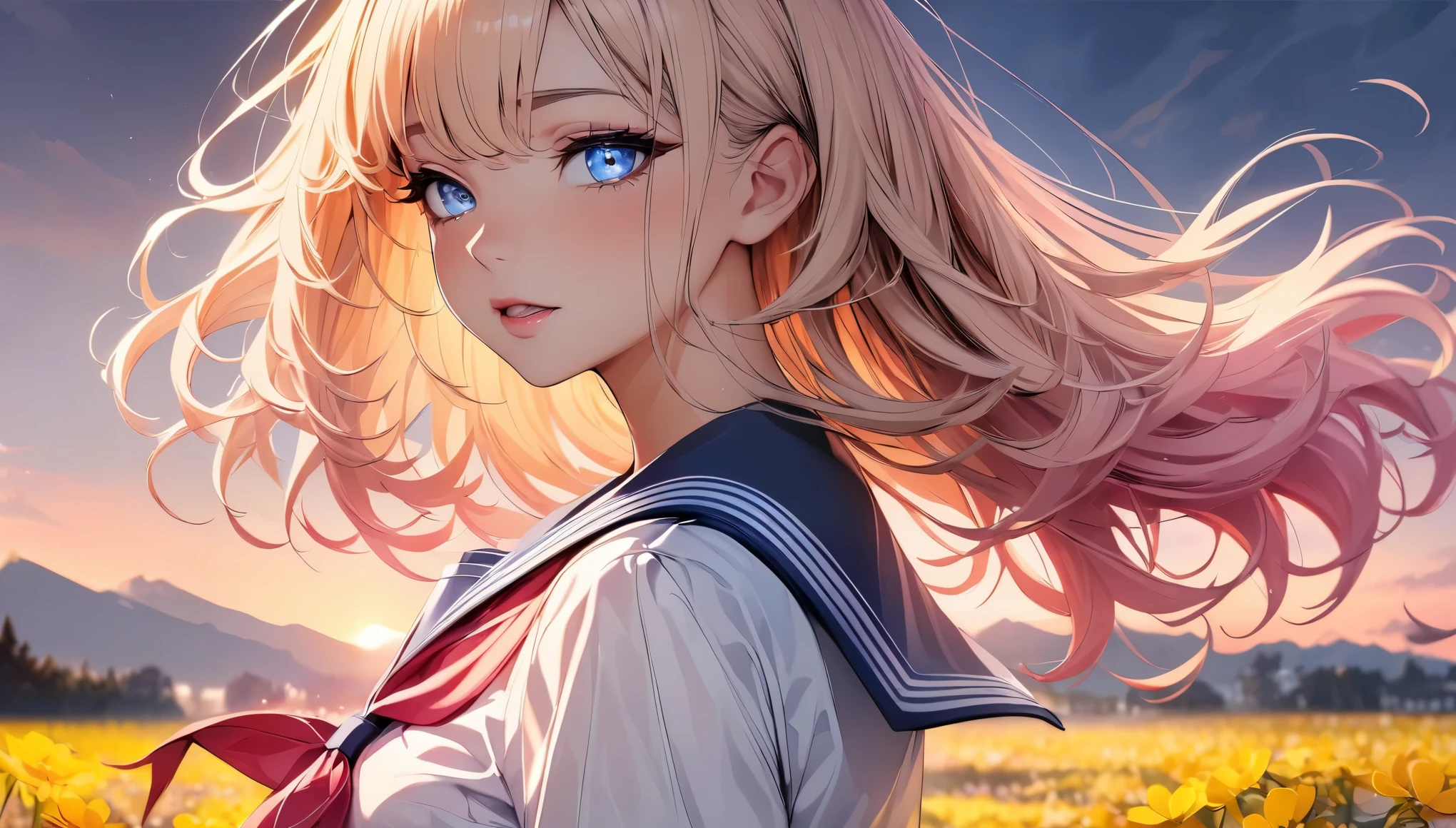 (highest quality, 4k, 8K high resolution, masterpiece:1.2), Super detailed, one person, woman, (JK, , sailor suit, pleated skirt),rape blossom field, one yellow wave, romantic, magic hour, fantastic flower garden, lighted up petals, Contrast between the sky and the flower field, 詩的でromantic, Emphasis on individuality and uniqueness,beautiful detailed eyes, beautiful detailed lips, long eyelashes, Bright colors, soft and warm color palette,