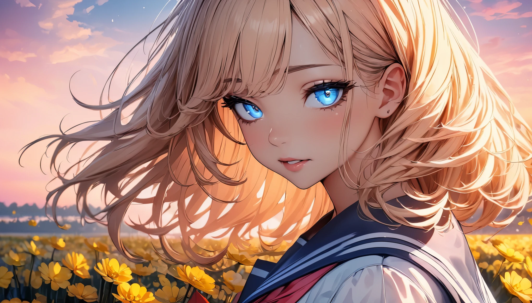 (highest quality, 4k, 8K high resolution, masterpiece:1.2), Super detailed, one person, woman, (JK, , sailor suit, pleated skirt),rape blossom field, one yellow wave, romantic, magic hour, fantastic flower garden, lighted up petals, Contrast between the sky and the flower field, 詩的でromantic, Emphasis on individuality and uniqueness,beautiful detailed eyes, beautiful detailed lips, long eyelashes, Bright colors, soft and warm color palette,