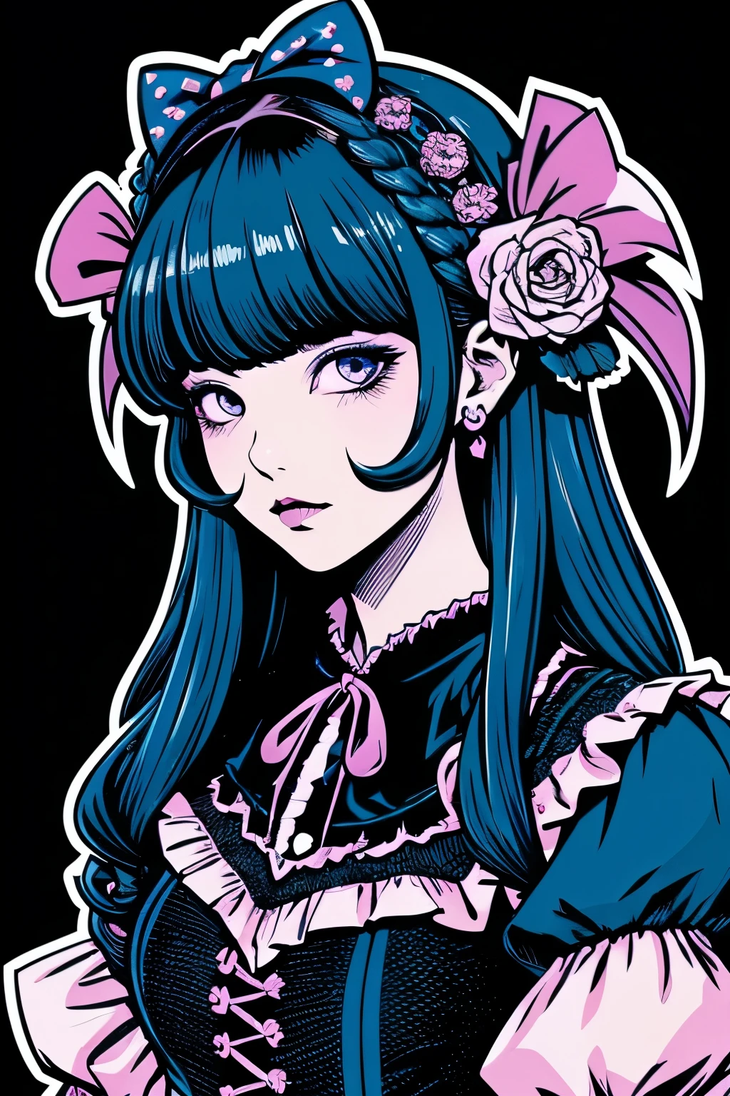 Beautiful Hardcore Illustration homepage illustration style, dark, high resolution, hard touch illustration, strong outline, two girls, gothic & lolita style, gothic & lolita fashion, 8k, American comic style, colorful background, Hiroyuki Nagasaka, aggressive, beautiful face, cool beauty, dress, beauty style, blue color, battle, Hard illustration, blue pink hear,