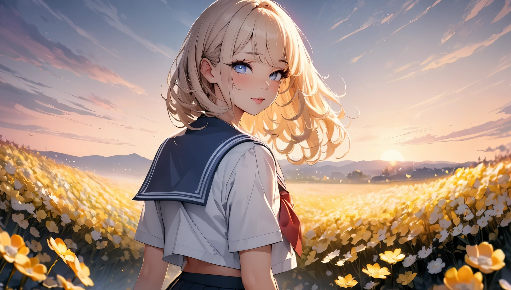 (highest quality, 4k, 8K high resolution, masterpiece:1.2), Super detailed, one person, woman, (JK, , sailor suit, pleated skirt),rape blossom field, one yellow wave, romantic, magic hour, fantastic flower garden, lighted up petals, Contrast between the sky and the flower field, 詩的でromantic, Emphasis on individuality and uniqueness,beautiful detailed eyes, beautiful detailed lips, long eyelashes, Bright colors, soft and warm color palette,