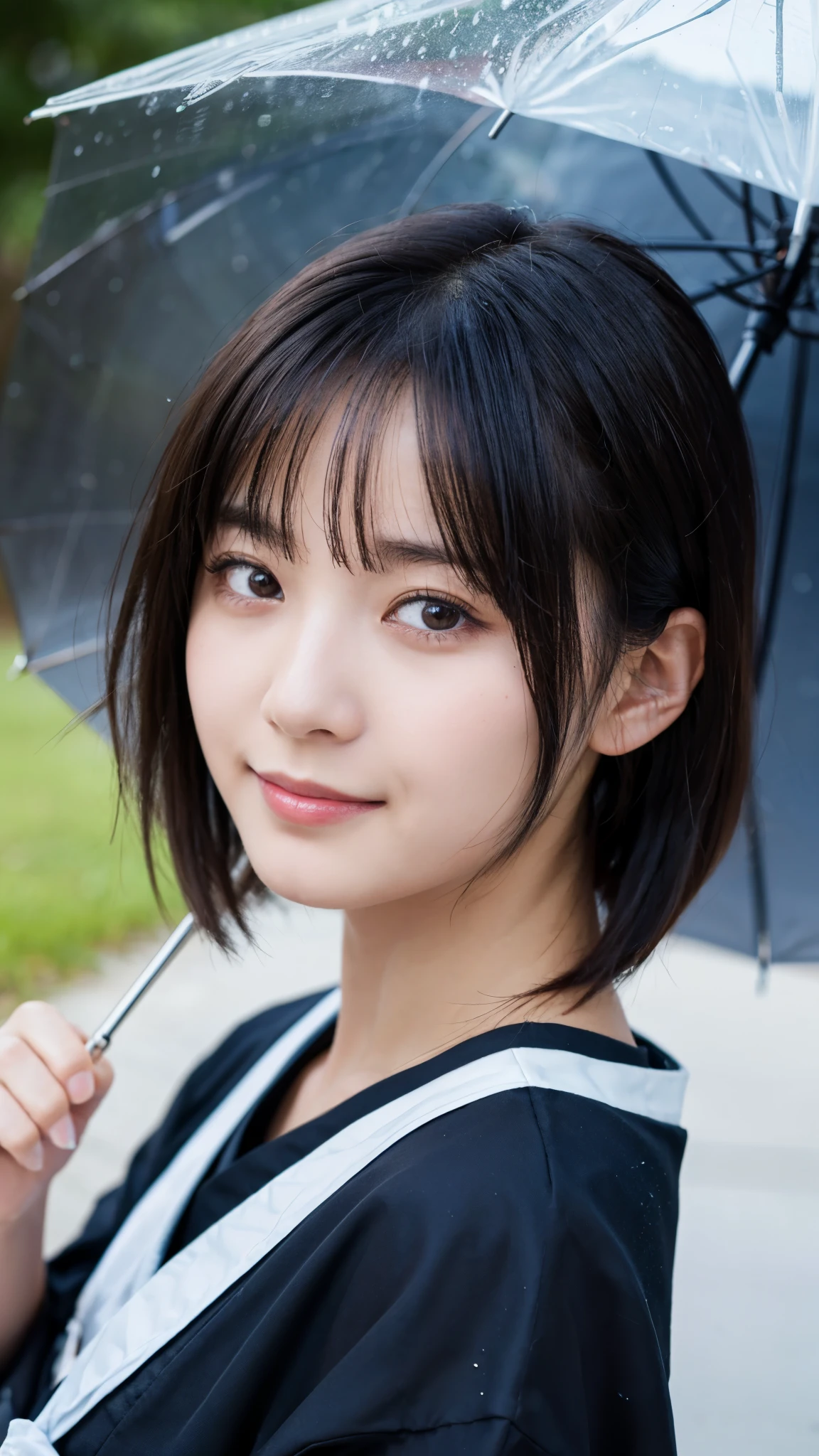 (highest quality,masterpiece:1.3,ultra high resolution),(Super detailed,caustics,8k),(photorealistic:1.4,RAW shooting),1 girl,18-year-old,cute,Japanese,black short bob,sailor suit,Looking at me with a smile,have an umbrella,cloudy sky,(it&#39;s raining),road,side shot,bust up shot,face close up