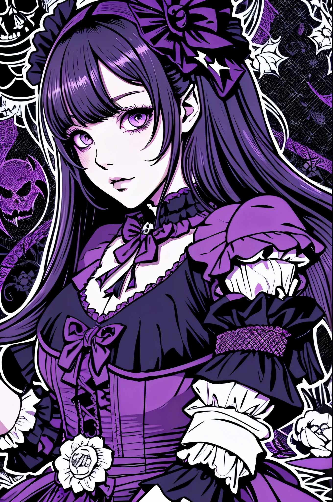 Beautiful Hardcore Illustration homepage illustration style, dark, high resolution, hard touch illustration, strong outline, gothic & ta style, gothic & loliashion, 8k, American comic style, colorful background, Hiroyuki Nagasaka, aggressive, beautiful face, cool beauty, dress, beauty style, purple color, battle, Hard illustration, purple hear,