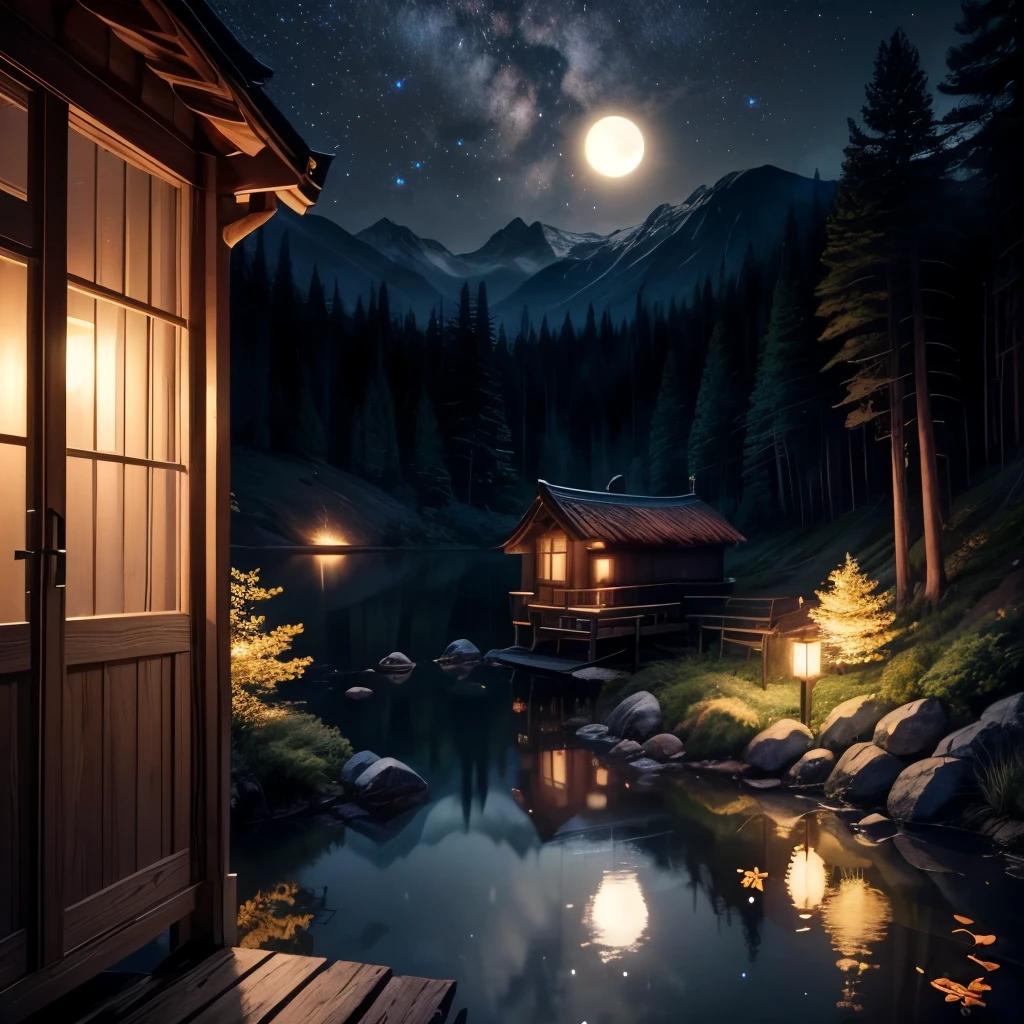 (oil:1.2),landscape,緑豊かな森にある居心地の良いwood造キャビン,night view,dark,dark,(illuminated by moonlight:1.2),wood々Moonlight shining through the space,peaceful,calm,quiet,Calm,starry sky,Hidden passageway leading to the hut,twinkling stars,Light shining softly from the cabin window,reflection of the moon on a Calm lake nearby,Deep vegetation surrounding the hut,雄大な高いwood々,whispering leaves,A subtle mist emerging from the forest,Autumn of autumn leaves,smooth brushstrokes,rich colors,impressionist style,quiet雰囲気