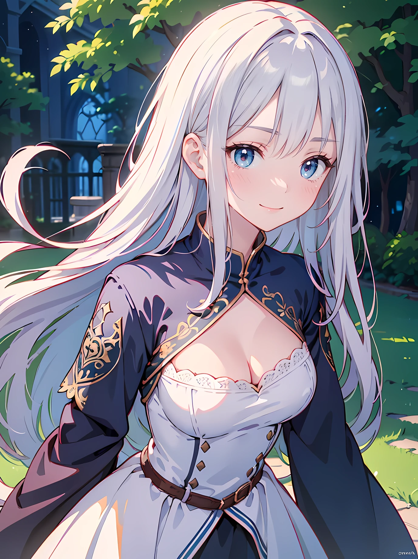 Day, RAW Photography, (((Very Beautiful Portrait))), (Very Beautiful Portrait))), 1 girl, 19 year old human girl, long silver hair, deep blue eyes, medieval garden, ((gentle wind)), wearing loose medieval dress, (((fit, athletic))), medium breasts, looking directly at camera, gentle smile, blushing, innocent smile, ((portrait shot)), (((very beautiful))), ((masterpiece, best quality, ultra detail, cinematic lights, intricate detail, high definition, 8k, very detailed))