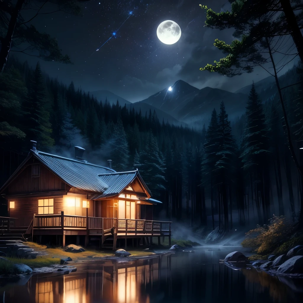 (oil:1.2),landscape,緑豊かな森にある居心地の良いwood造キャビン,night view,dark,dark,(illuminated by moonlight:1.2),wood々Moonlight shining through the space,peaceful,calm,quiet,Calm,starry sky,Hidden passageway leading to the hut,twinkling stars,Light shining softly from the cabin window,reflection of the moon on a Calm lake nearby,Deep vegetation surrounding the hut,雄大な高いwood々,whispering leaves,A subtle mist emerging from the forest,Autumn of autumn leaves,smooth brushstrokes,rich colors,impressionist style,quiet雰囲気