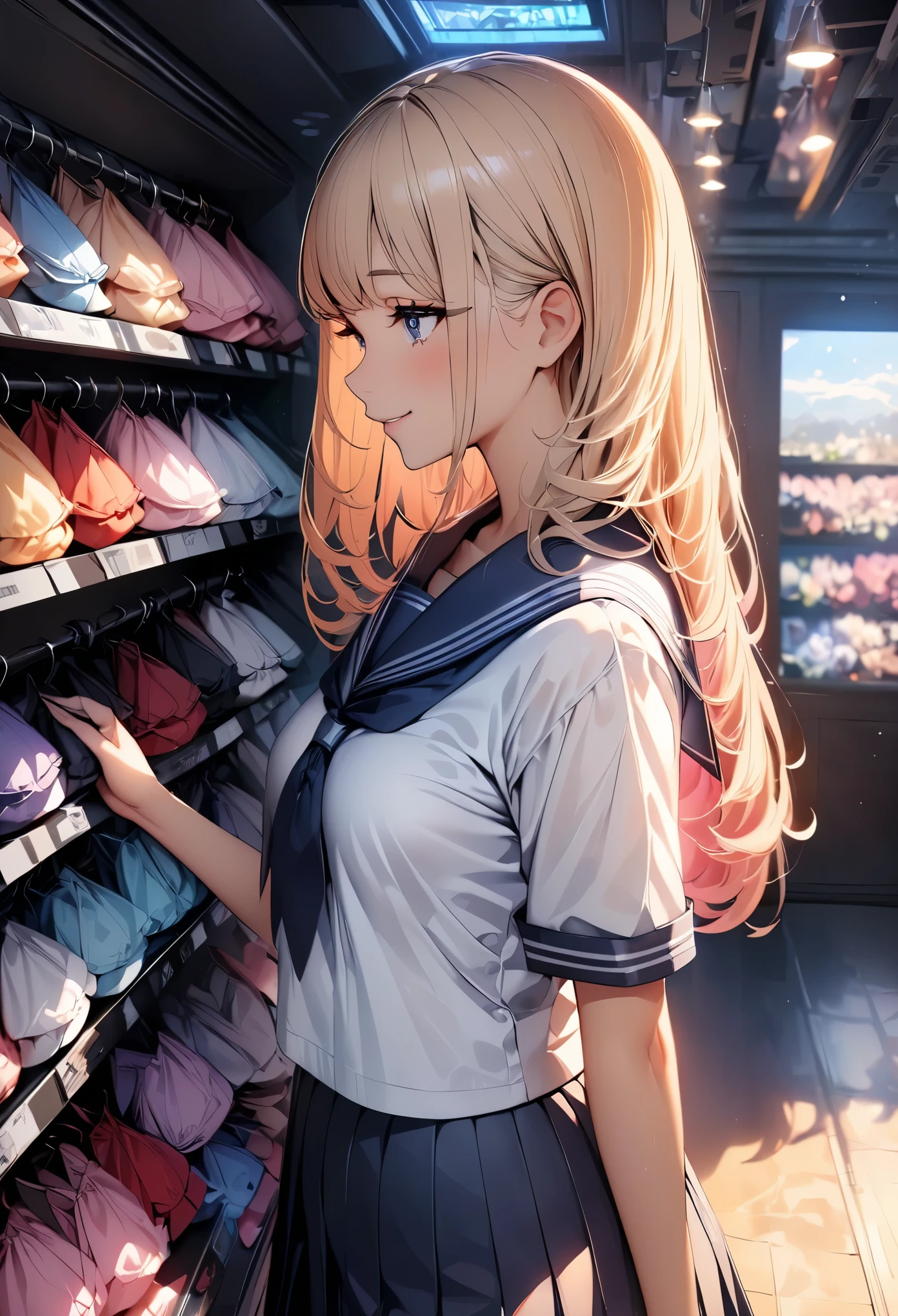 (highest quality, 4k, 8K high resolution, masterpiece:1.2), Super detailed, one person, woman, (JK, , sailor suit, pleated skirt),(black long straight hair), lingerie shop, Product selection, profile, smile, Hopeful, Cute underwear neatly displayed, colorful underwear, light up, Soft and delicate texture, Impressive, Bright colors彩, Delicate fabrics, Attention to detail,beautiful detailed eyes, beautiful detailed lips, long eyelashes, Bright colors, soft and warm color palette,