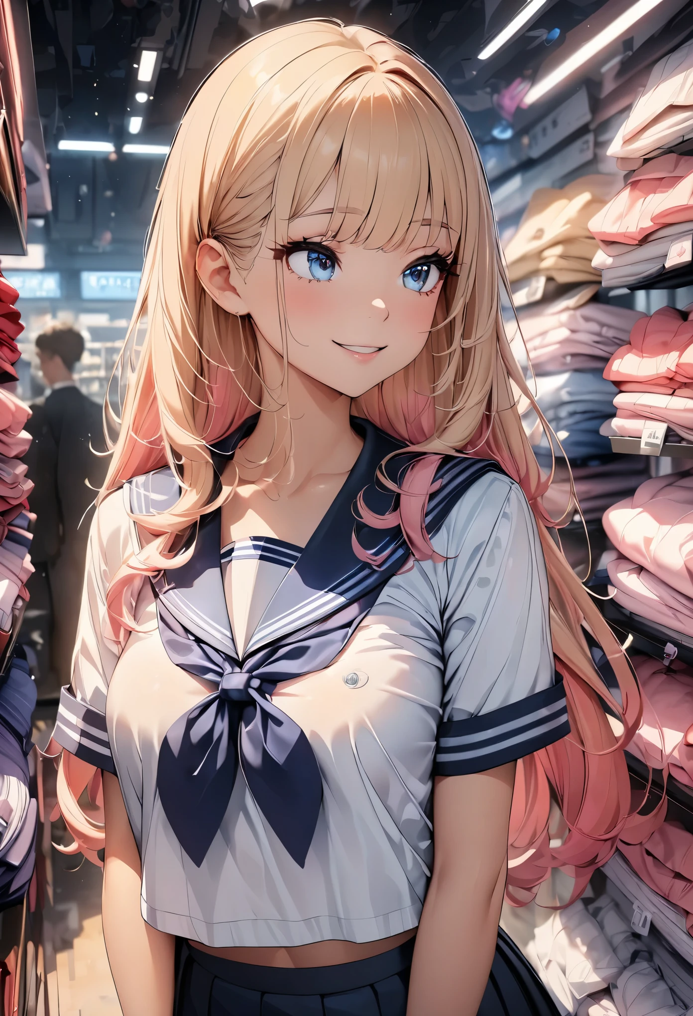 (highest quality, 4k, 8K high resolution, masterpiece:1.2), Super detailed, one person, woman, (JK, , sailor suit, pleated skirt),(black long straight hair), lingerie shop, Product selection, profile, smile, Hopeful, Cute underwear neatly displayed, colorful underwear, light up, Soft and delicate texture, Impressive, Bright colors彩, Delicate fabrics, Attention to detail,beautiful detailed eyes, beautiful detailed lips, long eyelashes, Bright colors, soft and warm color palette,