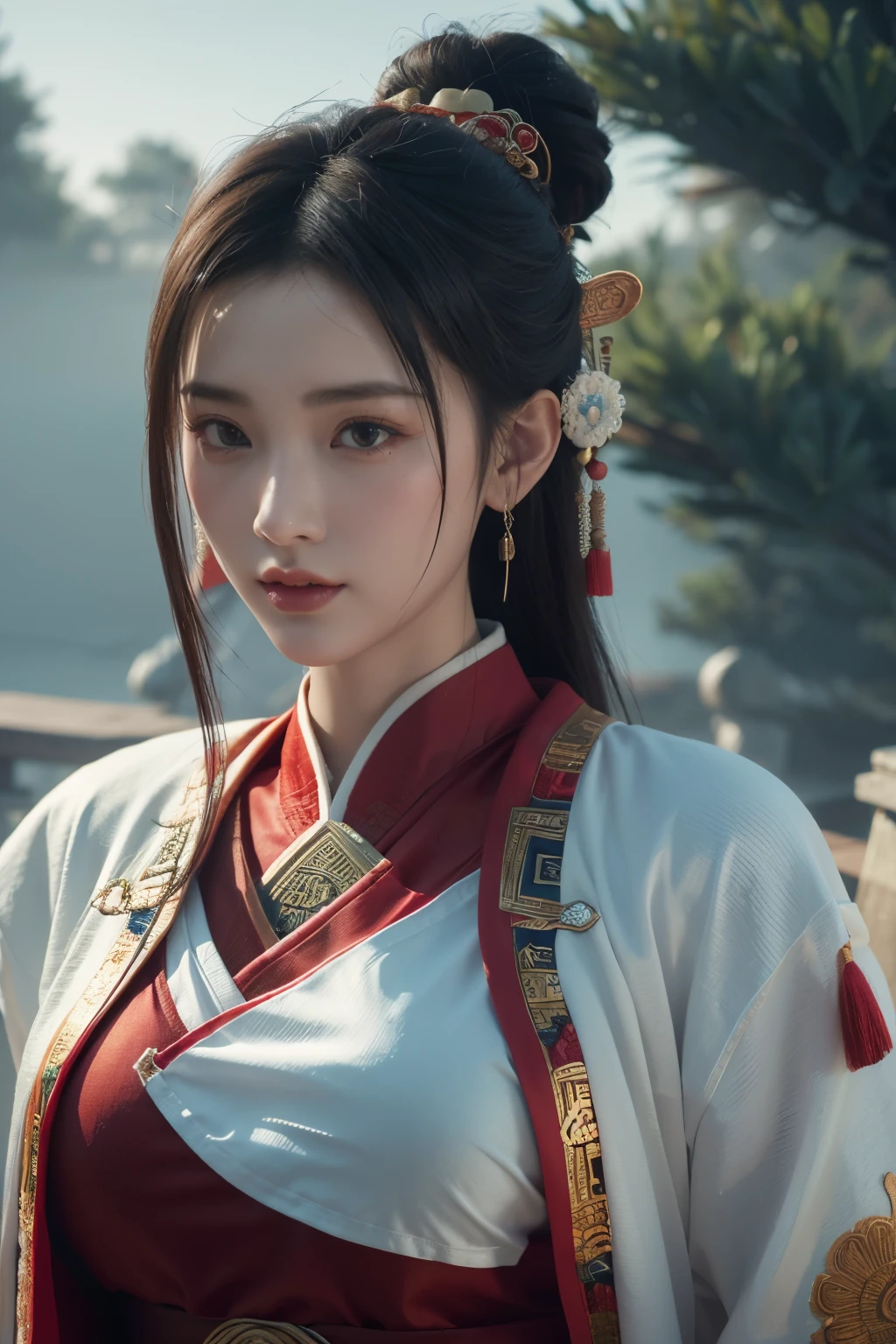 Game art，The best picture quality，Highest resolution，8K，(A bust photograph)，(Portrait)，(Head close-up)，(Rule of thirds)，Unreal Engine 5 rendering works， (The Girl of the Future)，(Female Warrior)， 
20-year-old girl，(The generals of ancient China)，An eye rich in detail，(Big breasts)，Elegant and noble，indifferent，brave，
(Wearing ancient Chinese cloth，Chinese Hanfu，Costumes of the Tang Dynasty，Costumes are rich in detail，Simple shades)，Chinese characters，fantasy style，
photo poses，wild background，Movie lights，Ray tracing，Game CG，((3D Unreal Engine))，OC rendering reflection pattern