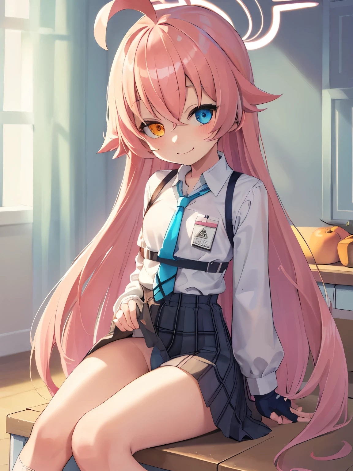 Anime girl with long pink hair sitting on a table - SeaArt AI