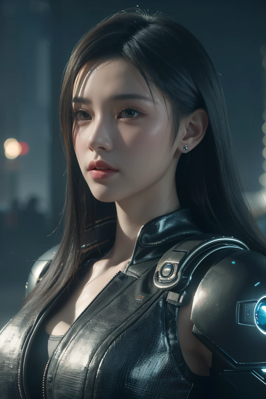 Game art，The best picture quality，Highest resolution，8K，(A bust photograph)，(Portrait)，(Head close-up)，(Rule of thirds)，Unreal Engine 5 rendering works， (The Girl of the Future)，(Female Warrior)， 22 year old girl，(Female hackers)，(White，Ancient Oriental hairstyle)，((The pupils of the red eyes:1.3))，(A beautiful eye full of detail)，(Big breasts)，(Eye shadow)，Elegant and charming，indifferent，((Anger))，(Cyberpunk jacket full of futuristic look，Joint Armor，There are exquisite Chinese patterns on the clothes，A flash of jewellery)，cyberpunk characters，futuristic style， photo poses，city background，Movie lights，Ray tracing，Game CG，((3D Unreal Engine))，OC rendering reflection pattern