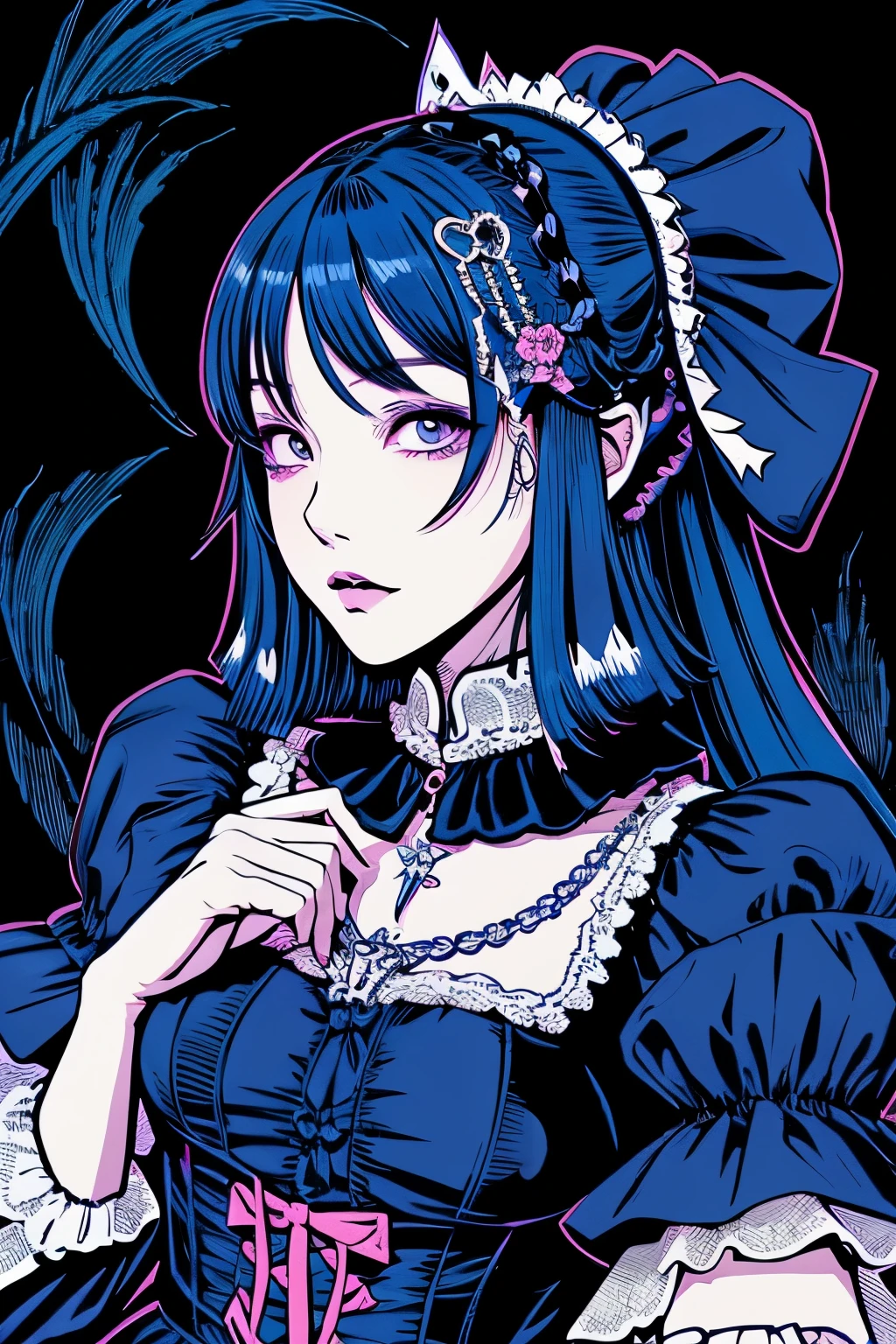 Beautiful Hardcore Illustration homepage illustration style, dark, high resolution, hard touch illustration, strong outline, gothic & lolita style, gothic & lolita fashion, 8k, American comic style, colorful background, Hiroyuki Nagasaka, aggressive, beautiful face, cool beauty, dress, beauty style, blue color, battle, Hard illustration, blue pink hear,