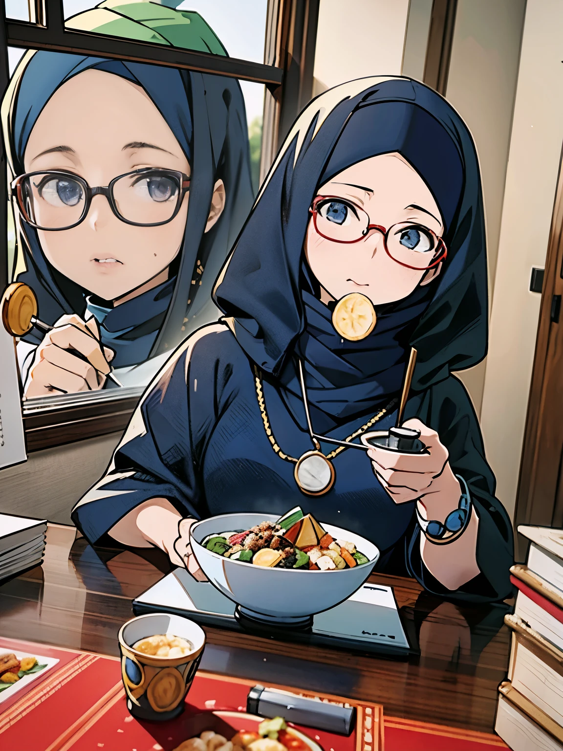 there is an anime woman with glasses and hijab sitting at a table with a bowl of food, 40 years old, faridah malik, photo portrait, old picture, healthy, photo taken in 2 0 2 0, inspired protrait, eating, 3d.