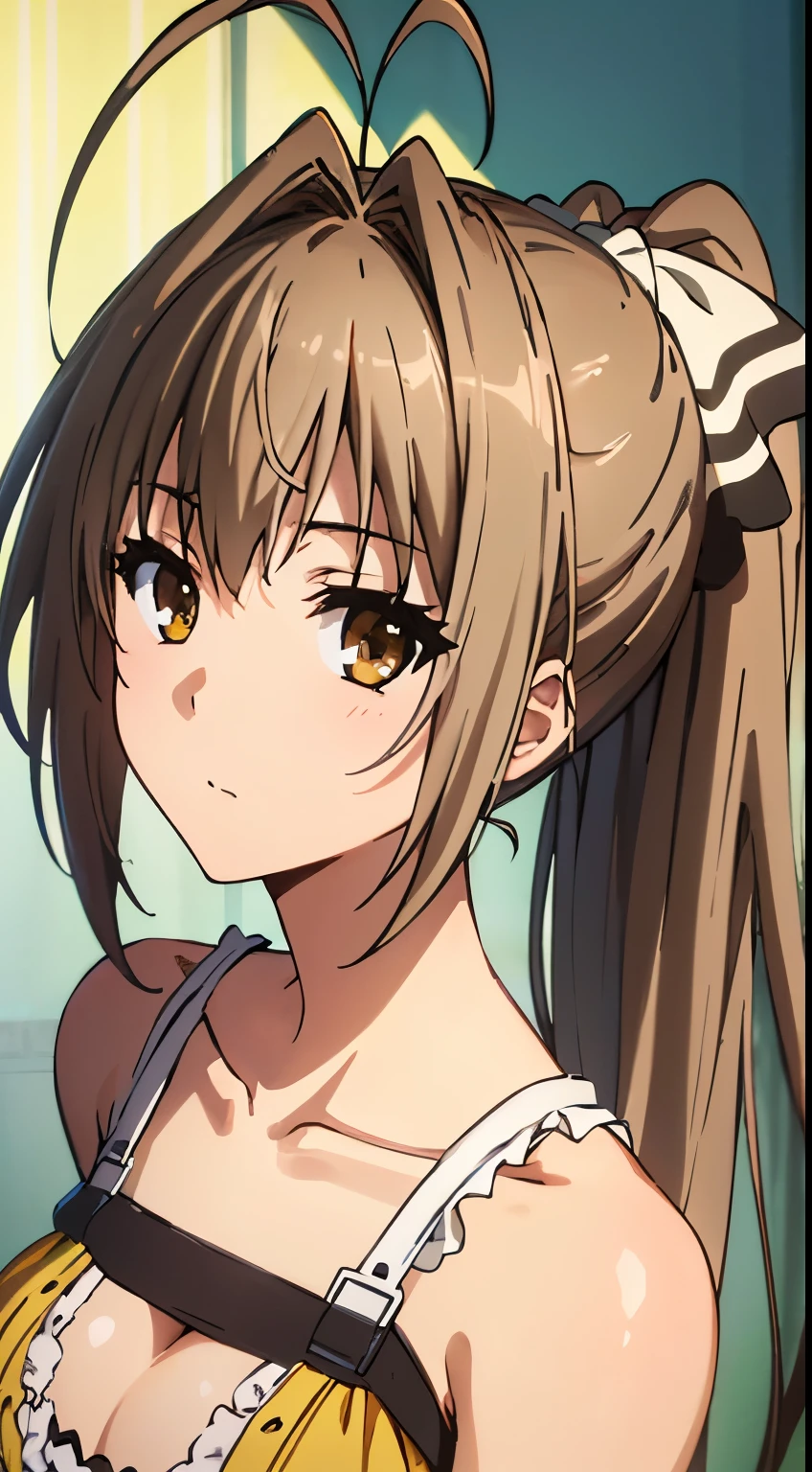 Kyoto Animation,highest quality, (masterpiece:1.2), very detailed, 1 girl, alone, Sento Isuzu,brown hair, long hair, antenna hair, ponytail, brown eyes, clavicle, yellow dress, frills, stylish pose,looking at the viewer,in the center of the image, (beautiful_chest:1.3), (beautiful_face:1.4),