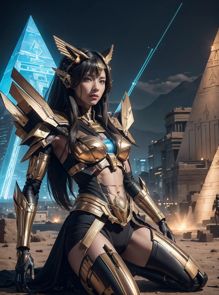 rough skin, Super detailed, advanced details, high quality, better quality, High resolution, 1080p, action pose,Fight, beautiful,Maat,beautifulサイボーグの女性,Mecha cyborg ,intersecting light、pyramid