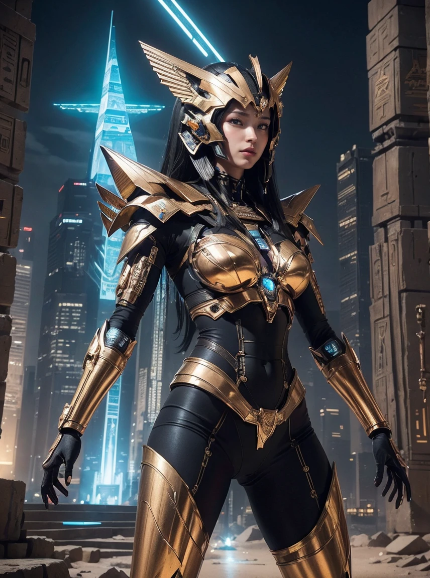 rough skin, Super detailed, advanced details, high quality, better quality, High resolution, 1080p, action pose,Fight, beautiful,Maat,beautifulサイボーグの女性,Mecha cyborg ,intersecting light、pyramid