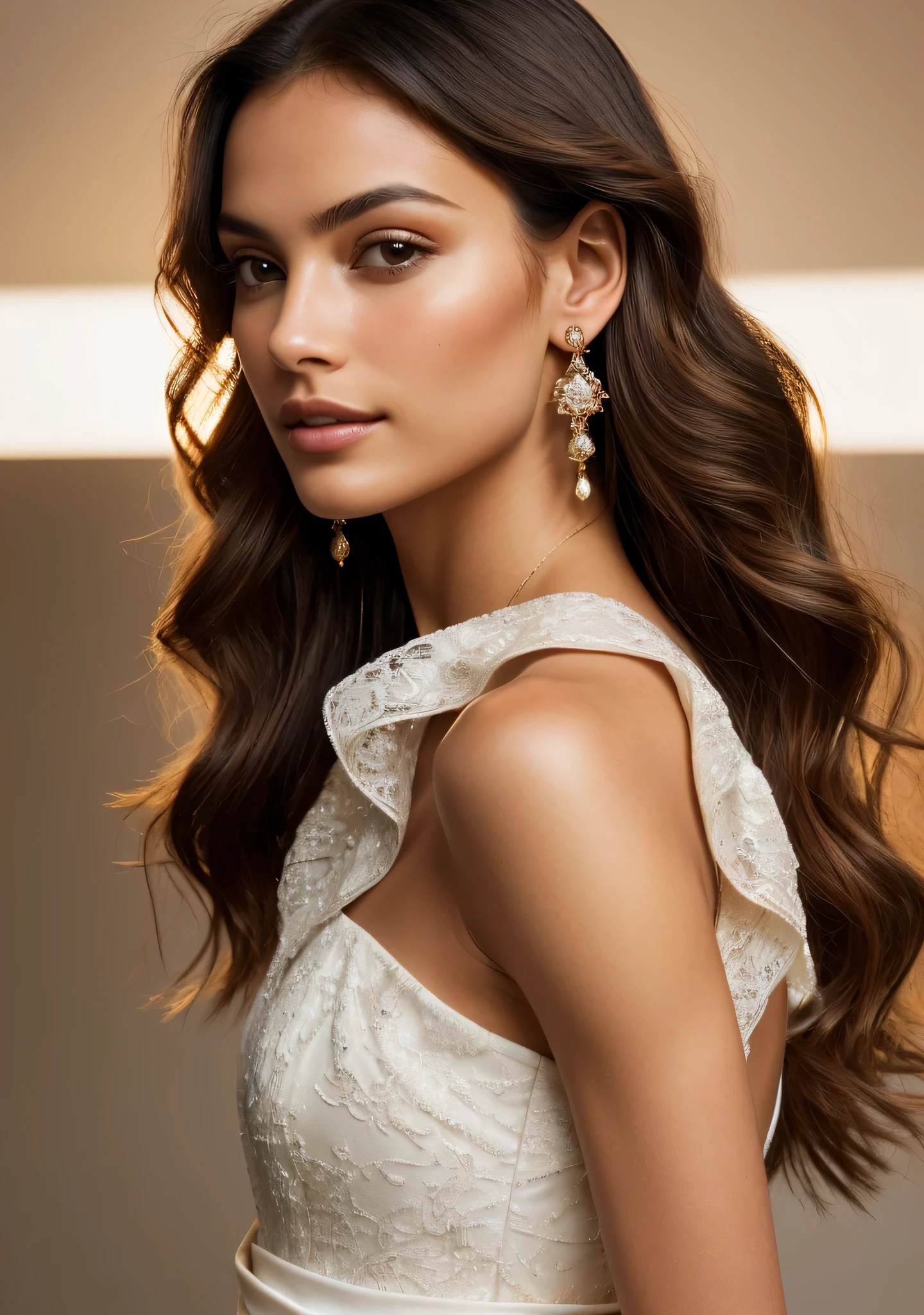 A woman with an Italian background, facing backwards with a captivating expression, adorns elegant earrings in this illuminated image. From the shoulders up, her long, wavy chestnut hair cascades down her back, framing her slender neck. Her hair is illuminated by the soft, warm glow of the light, casting subtle highlights and shadows. The top of her head is mostly concealed, but the glossy strands that peek out at the edges gleam in the radiant light. Her exotic features are accentuated by the vibrant, rich colors of the image, making for a captivating and mesmerizing portrait.