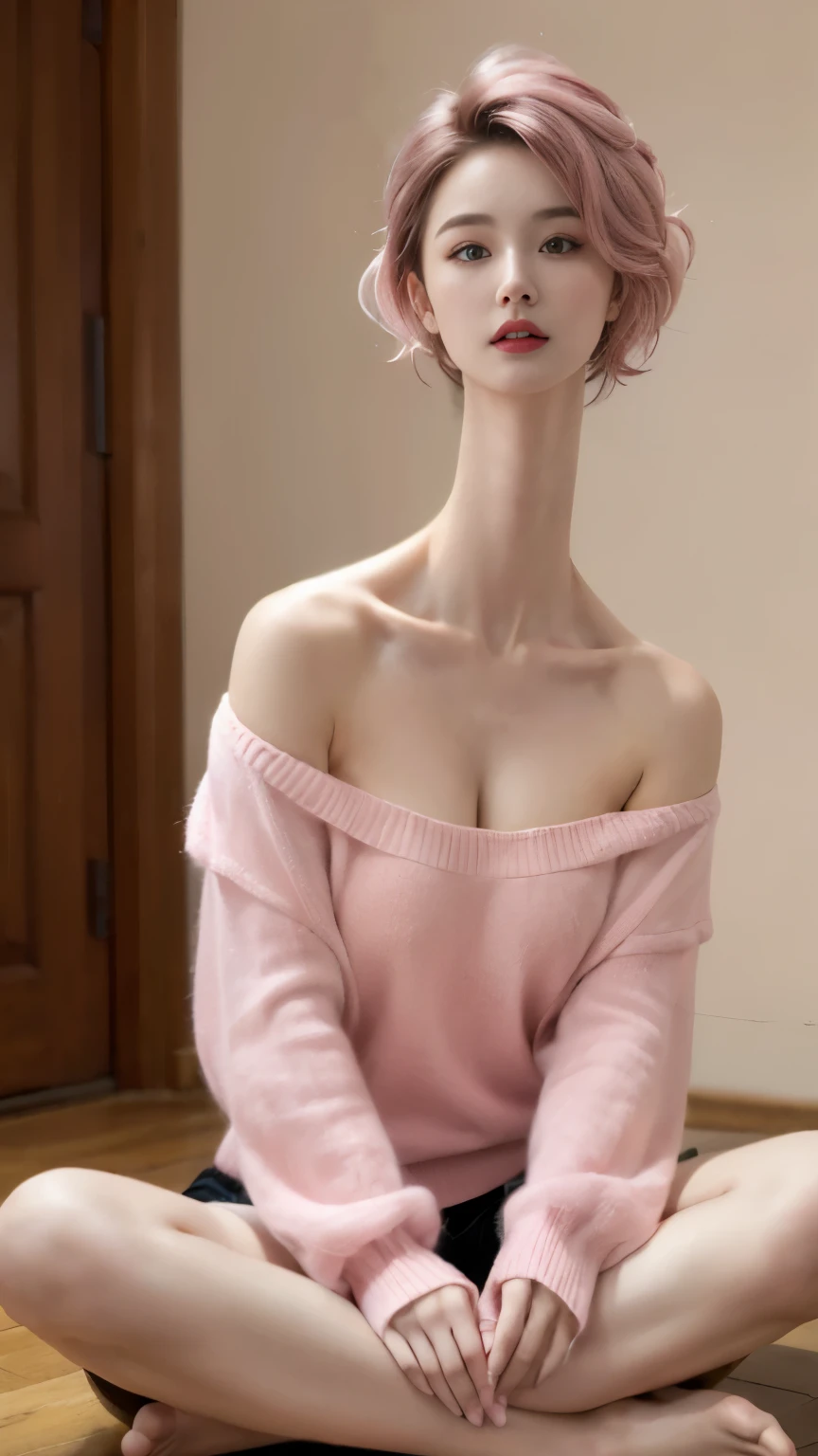 (ultra realistic, highly detailed:1.4), best quality, masterpiece
girl, tall korean girl, 18 yo., off the shoulder sweater, (short messy pink hair, loose hair), sfw massive breasts, (longneck:1.45), tall, (sitting lotus position)