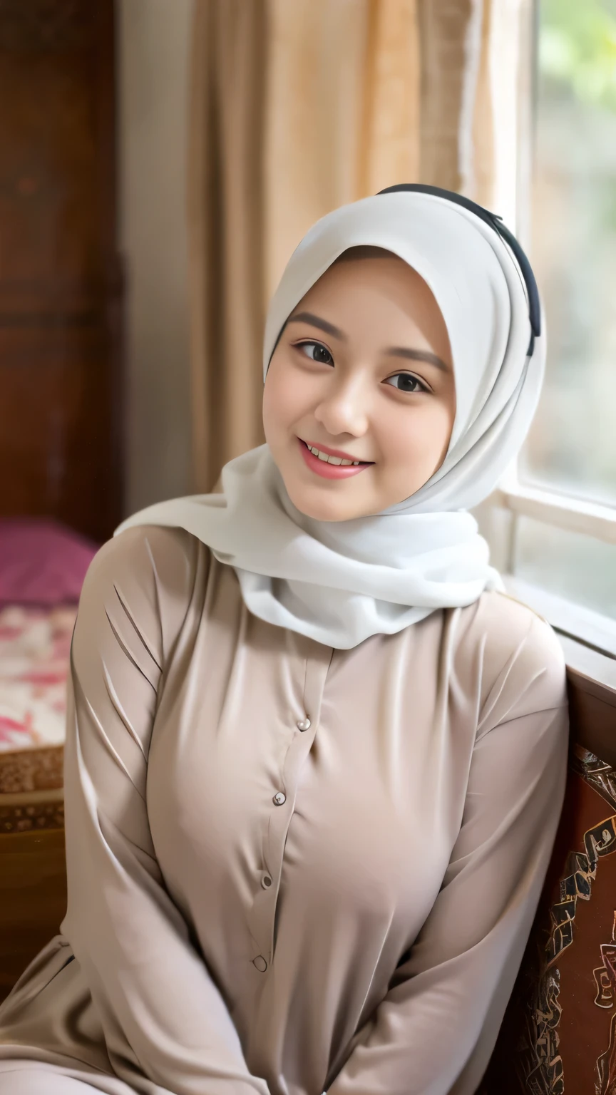 Selfie taken, See full body, luxury details, 8k, natural, realistic, amazing shots, ULTRA HD,
1 girl, 18 years old, smooth white face, white skin, smailing, neat white teeth, big breasts, wearing a long white hijab covering the body, with decorations on the hijab, Muslim clothes for worship, beautiful face, beautiful black face, cute, curly eyelashes, beautiful eyes , sweet smile, sitting on the bed, Indonesian Muslim, realistic, atmosphere in the room,