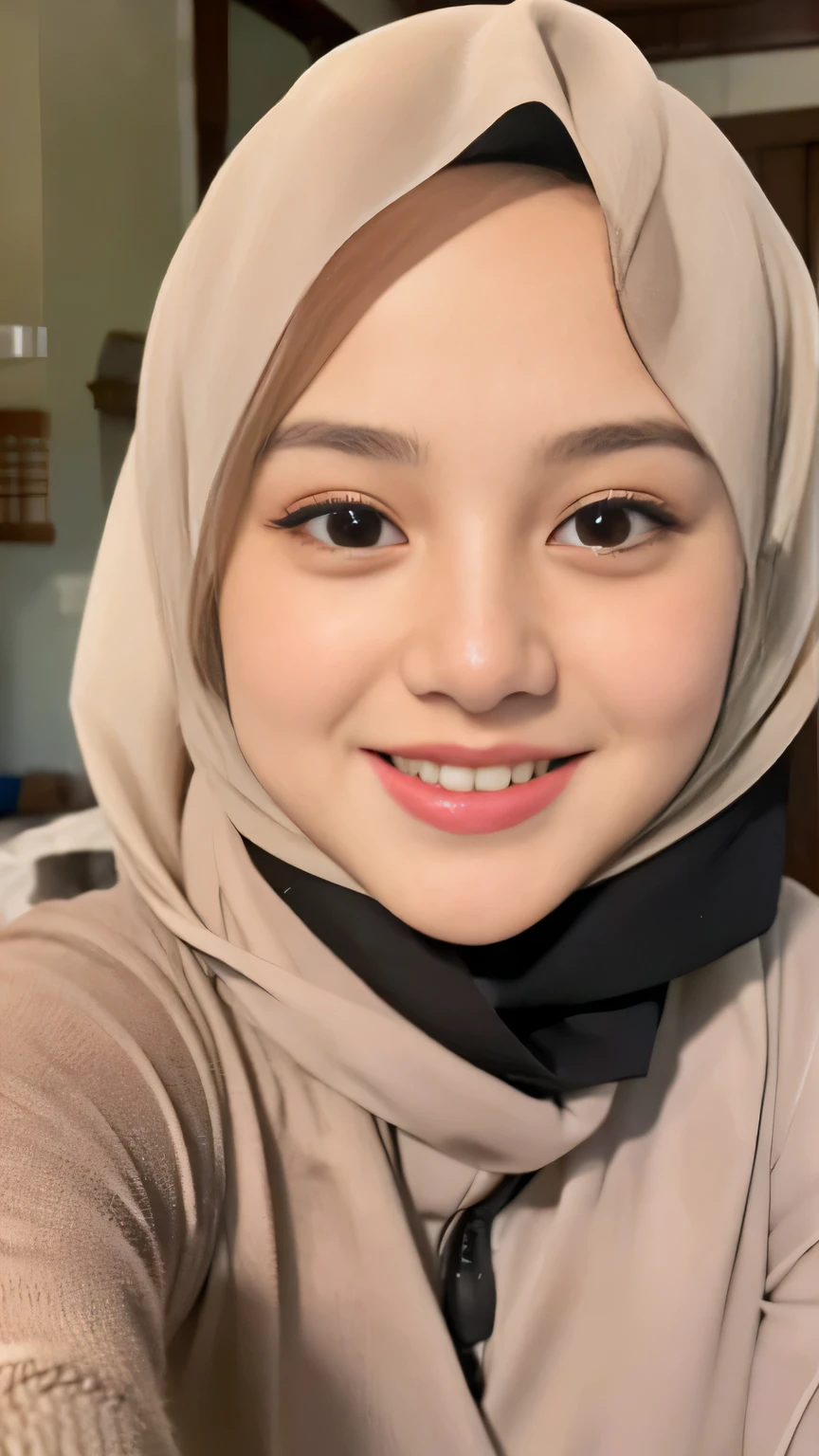 Selfie taken, See full body, luxury details, 8k, natural, realistic, amazing shots, ULTRA HD,
1 girl, 18 years old, smooth white face, white skin, smailing,  neat white teeth, big breasts, wearing a long white hijab covering the body, with decorations on the hijab, Muslim clothes for worship, beautiful face, beautiful black face, cute, curly eyelashes, beautiful eyes , sweet smile, sitting on the bed, Indonesian Muslim, realistic, atmosphere in the room,