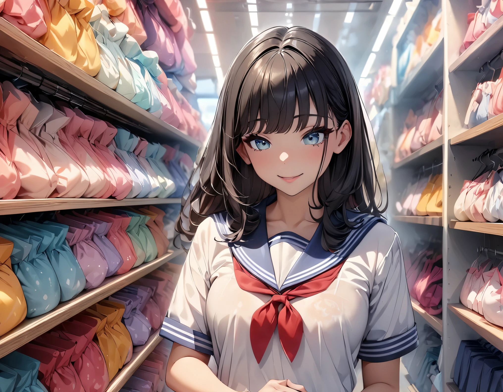 (highest quality, 4k, 8K high resolution, masterpiece:1.2), Super detailed, one person, woman, (JK, , sailor suit, pleated skirt),(black hair), lingerie shop, Choosing a product to be confused about, smile, Hopeful, Cute underwear neatly displayed, colorful underwear, light up, Soft and delicate texture, Impressive, Bright colors彩, Delicate fabrics, Attention to detail,beautiful detailed eyes, beautiful detailed lips, long eyelashes, Bright colors, soft and warm color palette,
