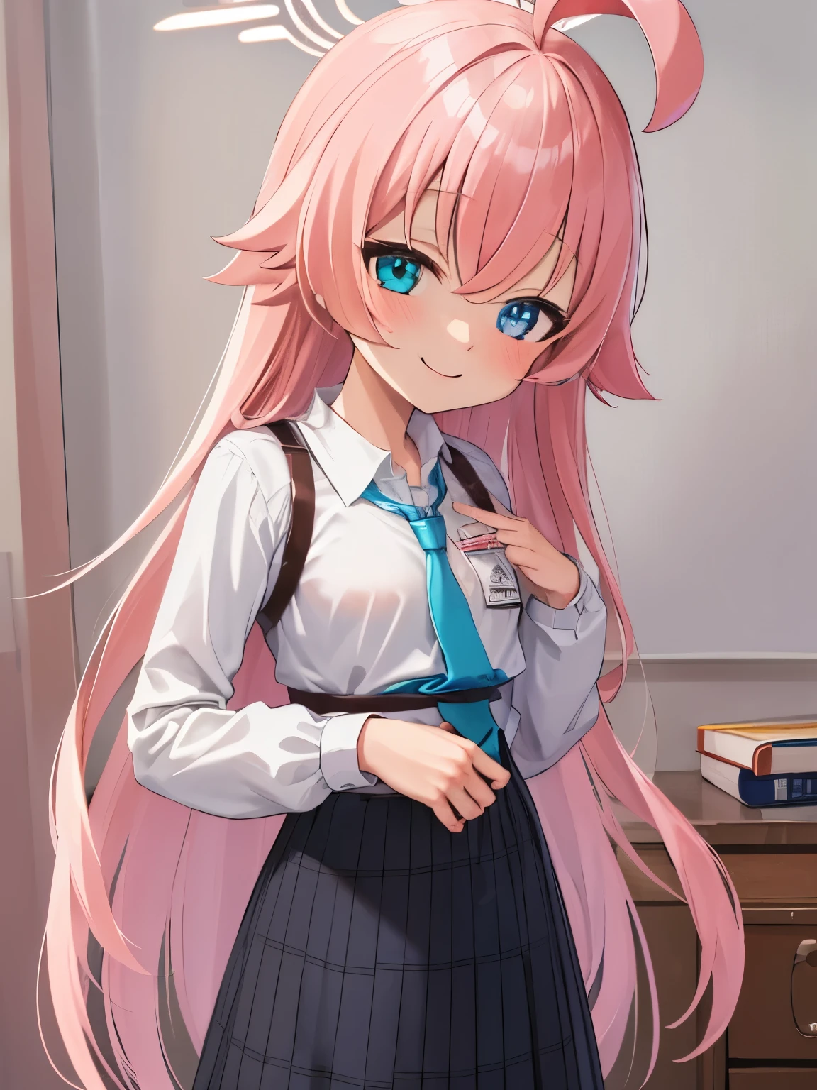 masterpiece, highest quality, Super detailed, indoors, school masterpiece, highest quality, Super detailed,  Hello,Hoshino, ,very long hair,orange eyes,blue eyes,heterochromia,pink hair,white shirt,chest harness,(small breasts:1.1),smile,