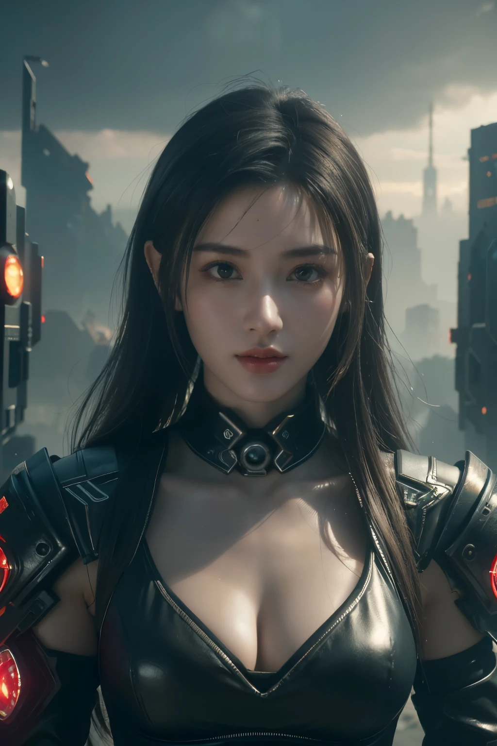 Game art，The best picture quality，Highest resolution，8K，(A bust photograph)，(Portrait)，(Head close-up)，(Rule of thirds)，Unreal Engine 5 rendering works， (The Girl of the Future)，(Female Warrior)， 22 year old girl，(Female hackers)，(White，Ancient Oriental hairstyle)，((The pupils of the red eyes:1.3))，(A beautiful eye full of detail)，(Big breasts)，(Eye shadow)，Elegant and charming，indifferent，((Anger))，(Cyberpunk jacket full of futuristic look，Joint Armor，There are exquisite Chinese patterns on the clothes，A flash of jewellery)，cyberpunk characters，futuristic style， photo poses，city background，Movie lights，Ray tracing，Game CG，((3D Unreal Engine))，OC rendering reflection pattern