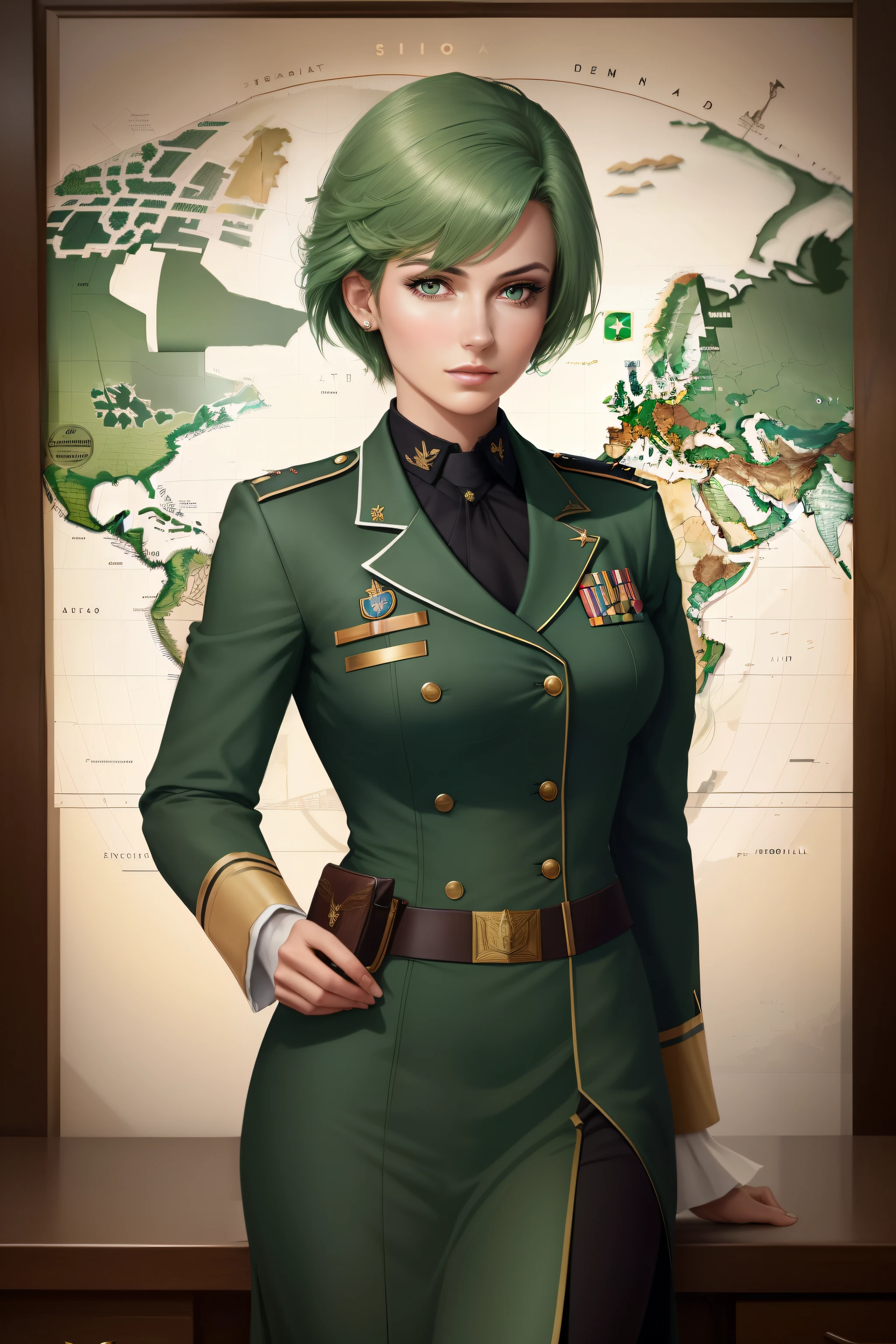 Frederica Greenhill, a 25-year-old female lieutenant and adjutant with short, vibrant green hair, stands confidently before a map table, deep in thought. She is known for her quick Strategic mind and ability to find efficient shortcuts. Her uniform is adorned with various insignia, reflecting her rank and achievements. With a gentle curve of her full breasts, she leans forward, her sharp focus on the upcoming mission.