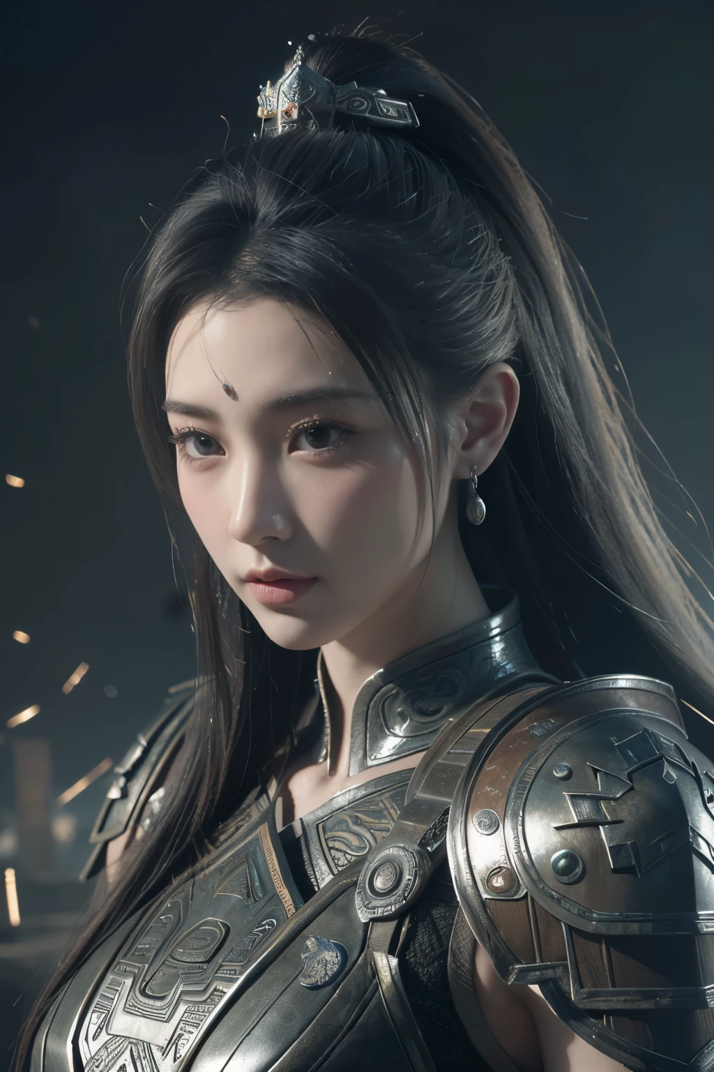 Game art，The best picture quality，Highest resolution，8K，(A bust photograph)，(Portrait)，(Head close-up)，(Rule of thirds)，Unreal Engine 5 rendering works， (The Girl of the Future)，(Female Warrior)， 
15 year old girl，(The generals of ancient China)，An eye rich in detail，(Big breasts)，Elegant and noble，indifferent，brave，
(Wearing ancient Chinese style armor，Armor of Tang Dynasty，Costumes are rich in detail，Metallic luster，Silver gray)，Chinese characters，fantasy style，
photo poses，wild background，Movie lights，Ray tracing，Game CG，((3D Unreal Engine))，OC rendering reflection pattern